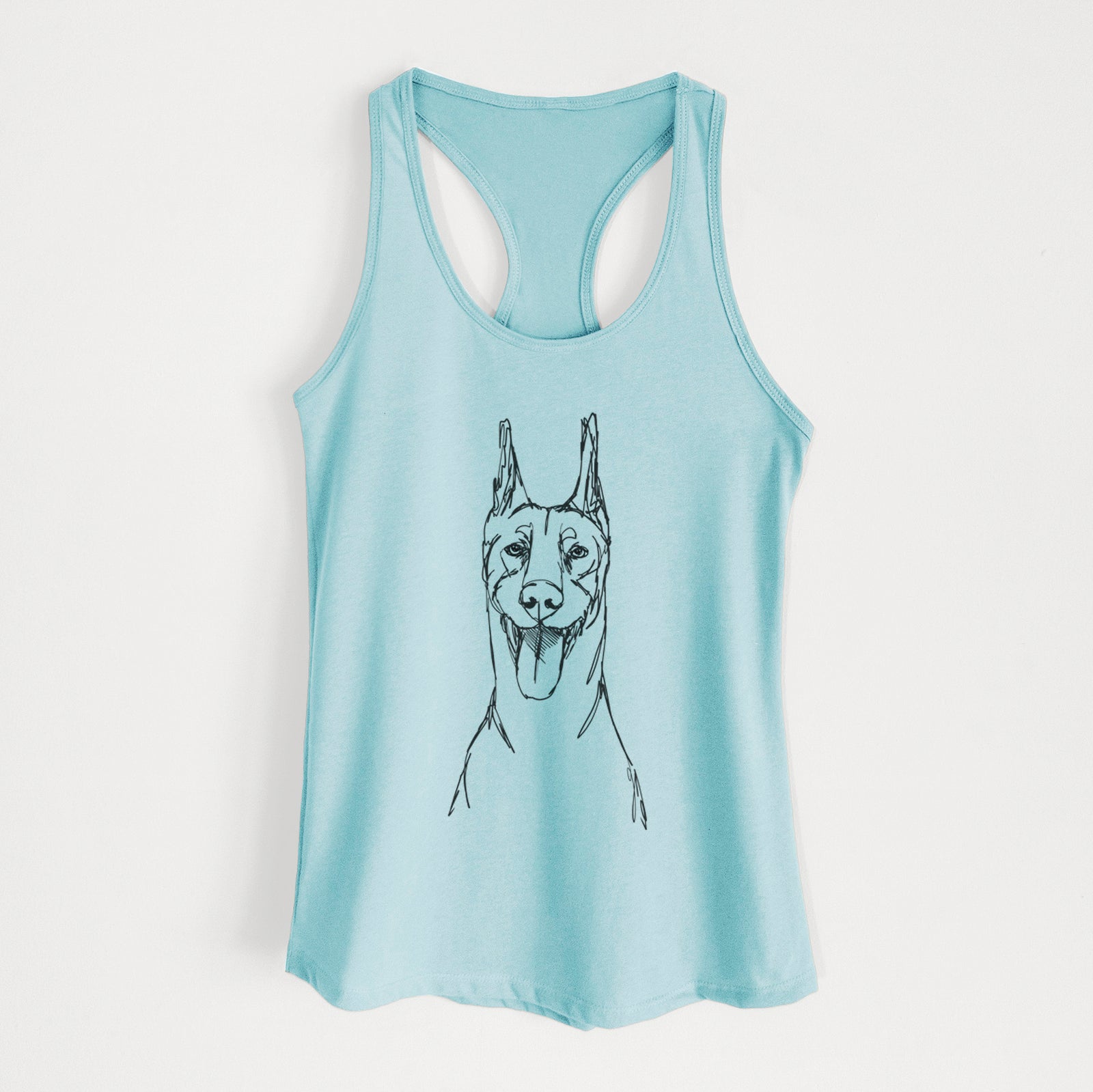 Full-body line drawing of a Doberman Pinscher on a Cancun Blue Women's racerback tanktop