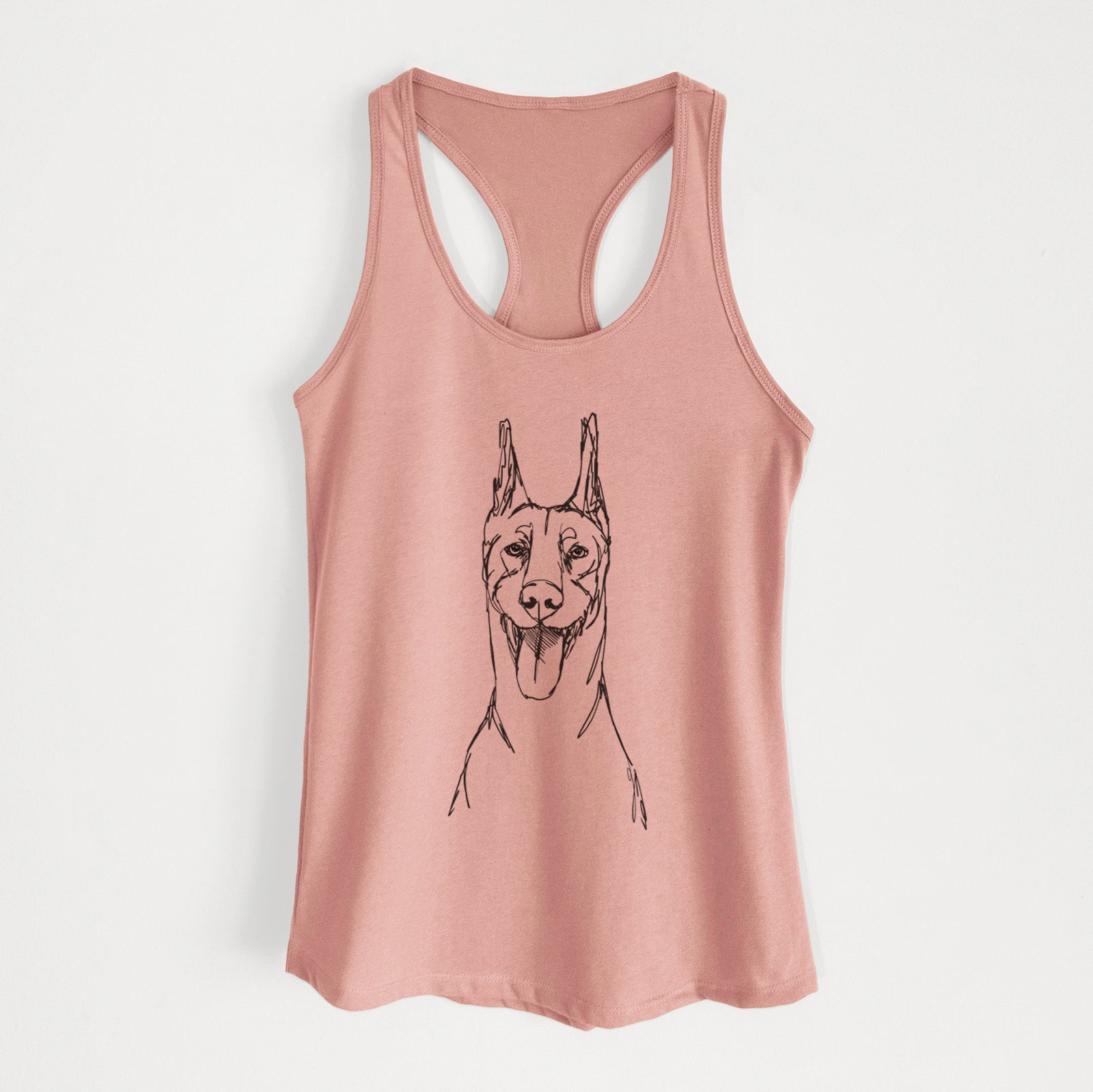Full-body line drawing of a Doberman Pinscher on a Desert Pink Women's racerback tanktop