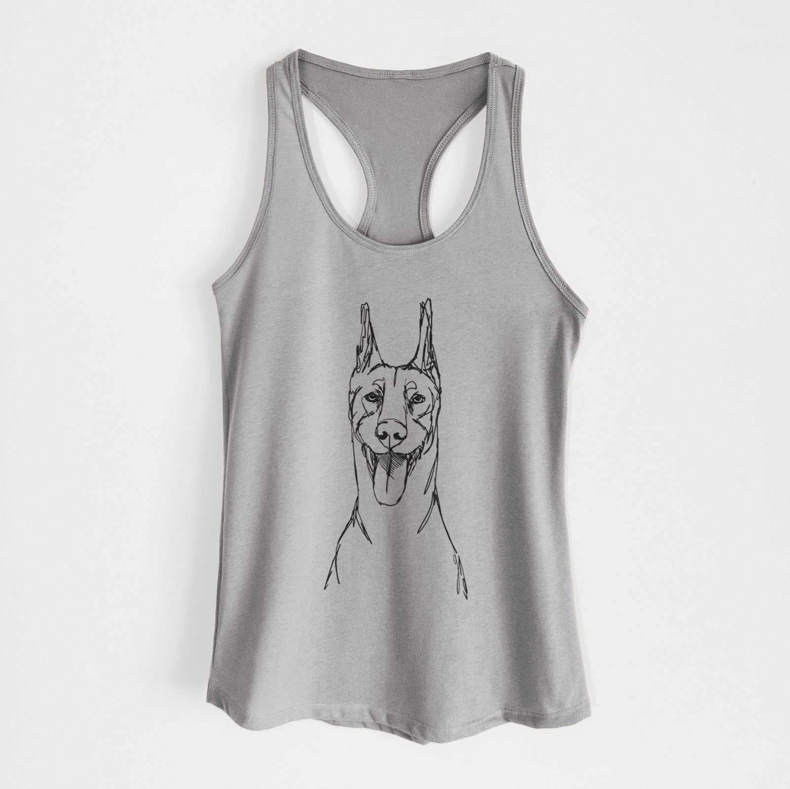 Full-body line drawing of a Doberman Pinscher on a Heather Grey Women's racerback tanktop
