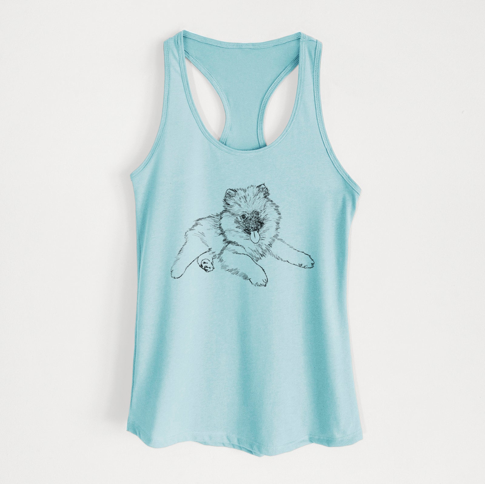 Full-body line drawing of Double Bubble the Kesshond Puppy on a Cancun Blue Women's racerback tanktop