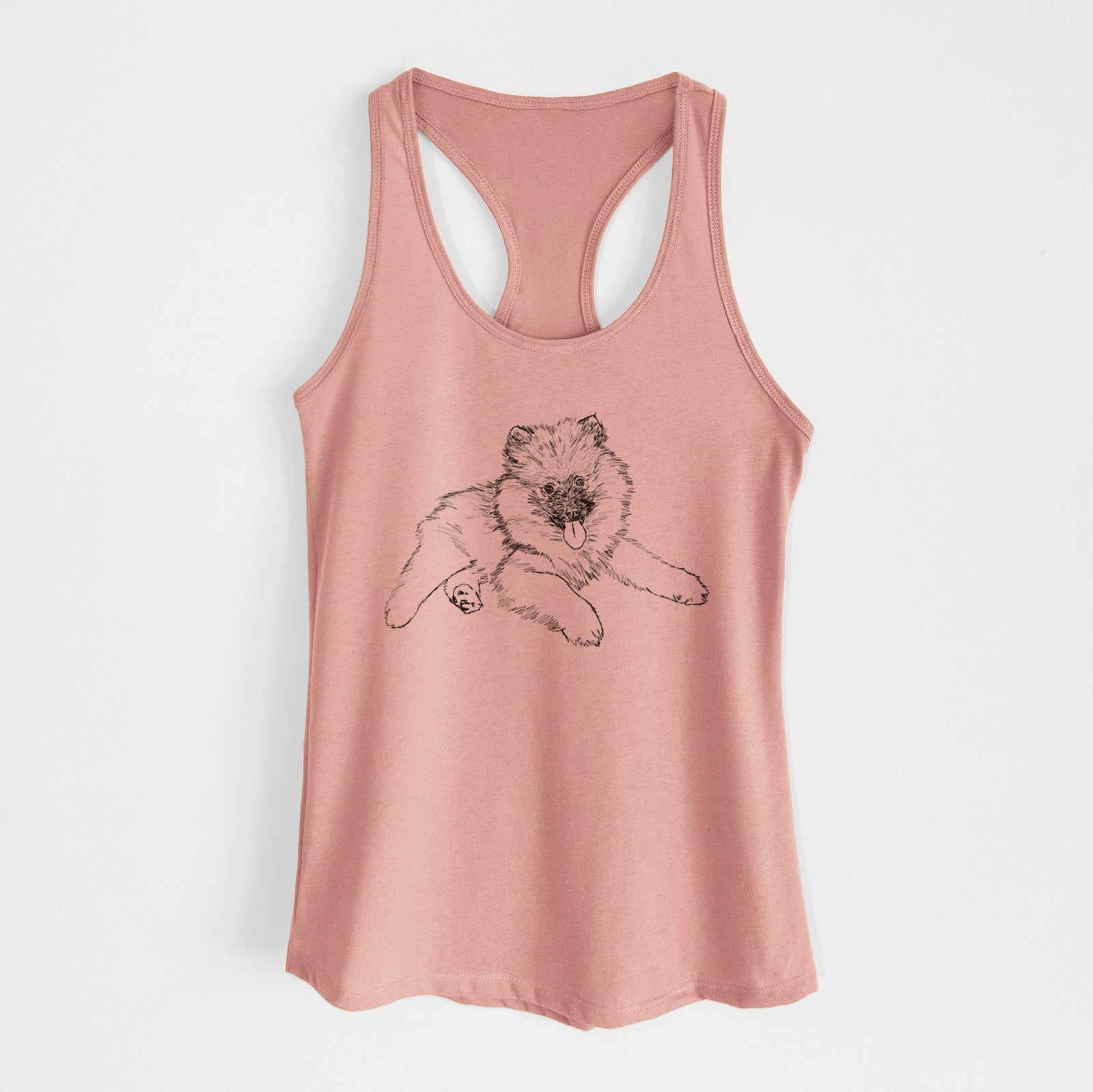 Full-body line drawing of Double Bubble the Kesshond Puppy on a Desert Pink Women's racerback tanktop