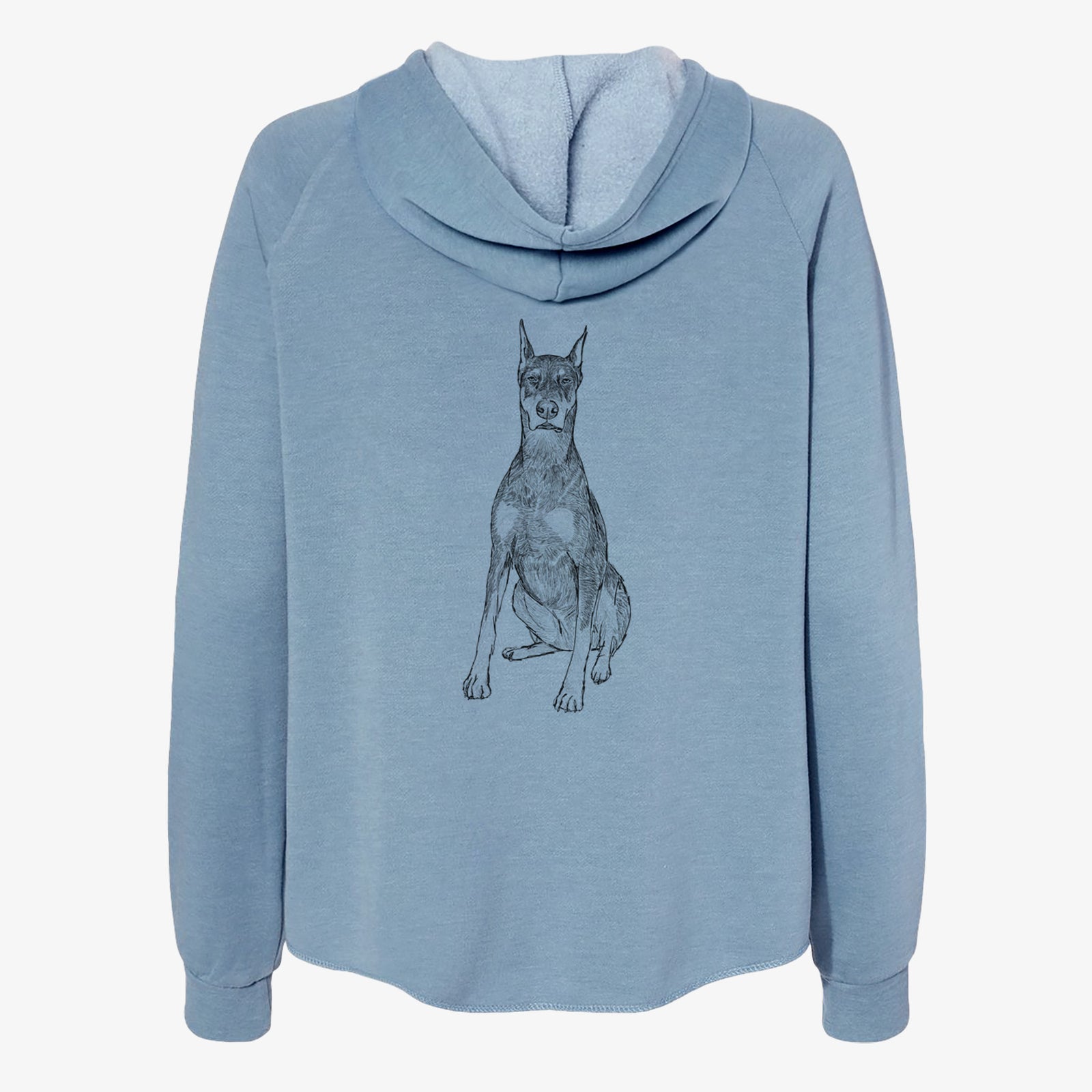 Full-body line drawing of Drake the Doberman Pinscher on a Misty Blue Women's cali wave zip-up sweatshirt