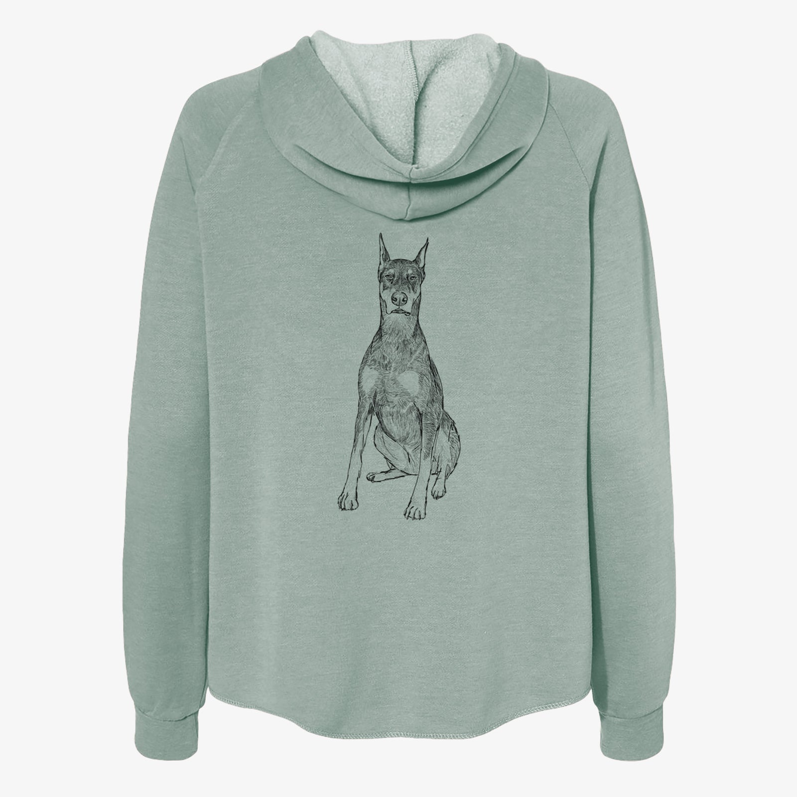 Full-body line drawing of Drake the Doberman Pinscher on a Sage Women's cali wave zip-up sweatshirt