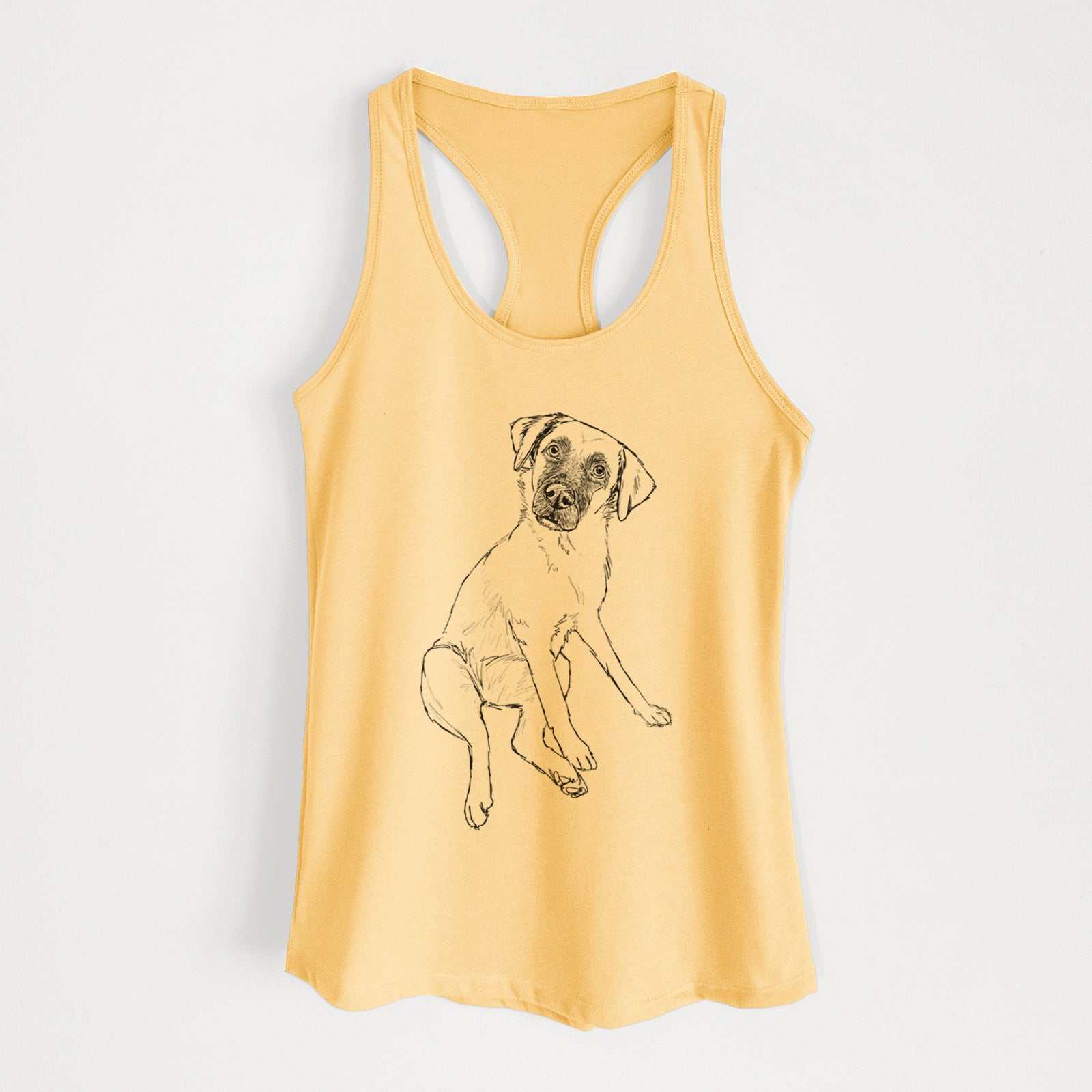 Full-body line drawing of Dunder the Arubian Cunucu on a Banana Cream Women's racerback tanktop