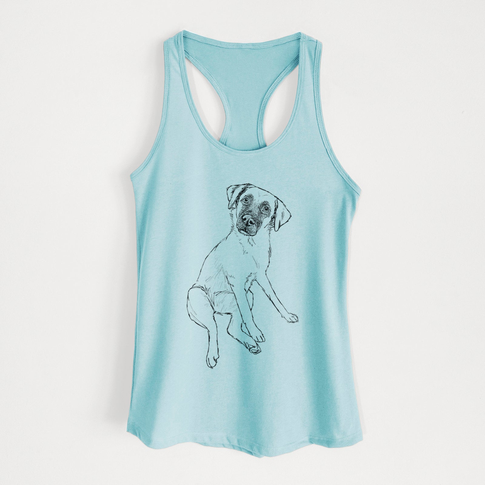 Full-body line drawing of Dunder the Arubian Cunucu on a Cancun Blue Women's racerback tanktop