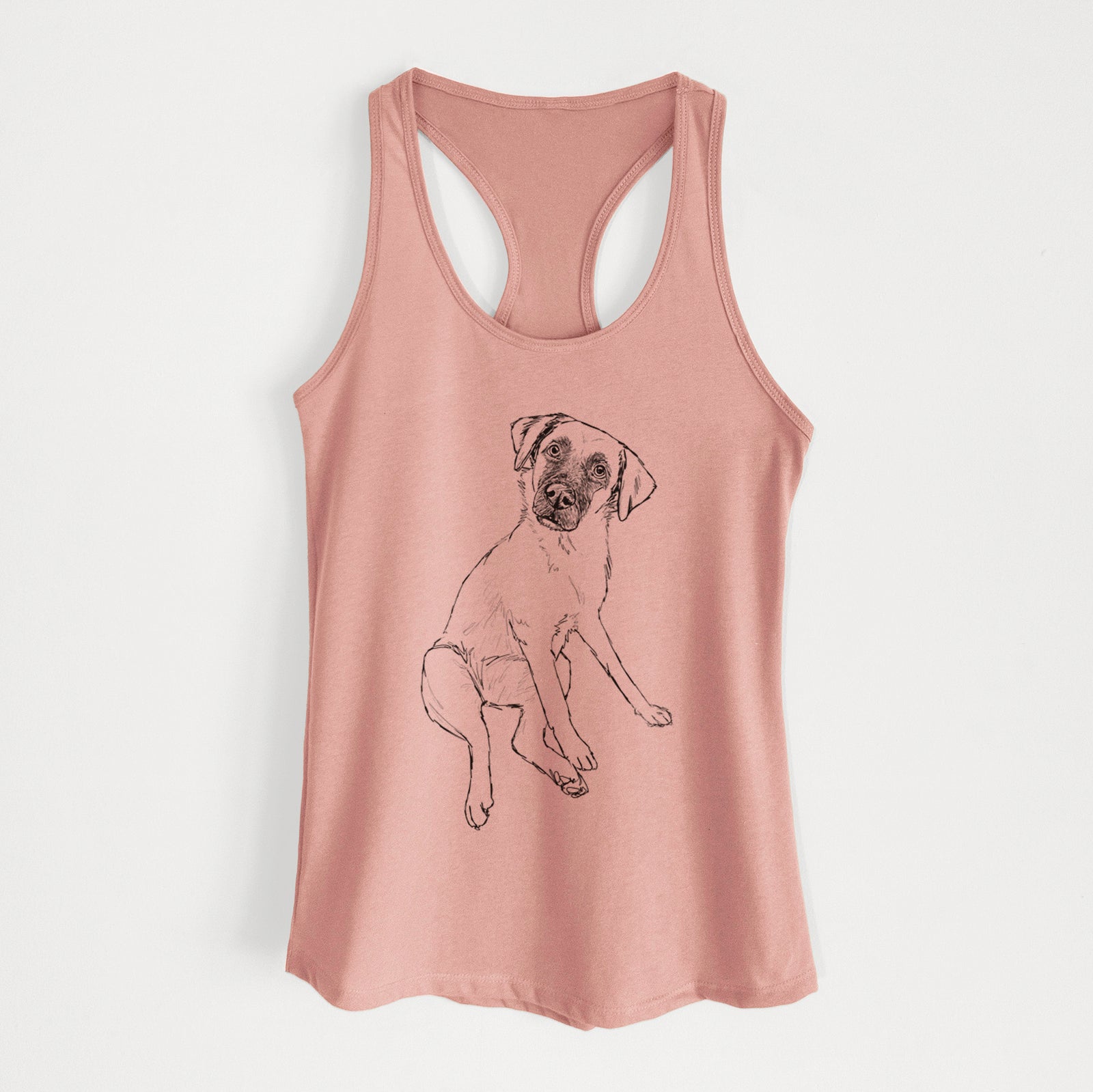 Full-body line drawing of Dunder the Arubian Cunucu on a Desert Pink Women's racerback tanktop