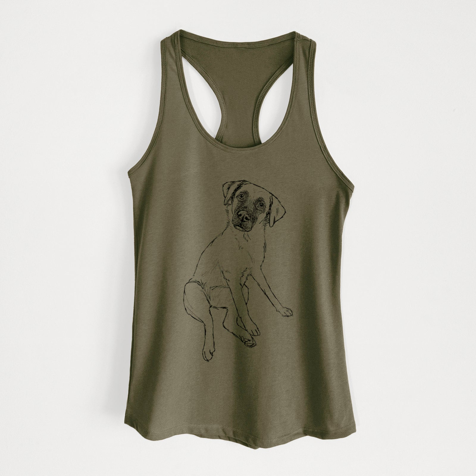 Full-body line drawing of Dunder the Arubian Cunucu on a Military Green Women's racerback tanktop