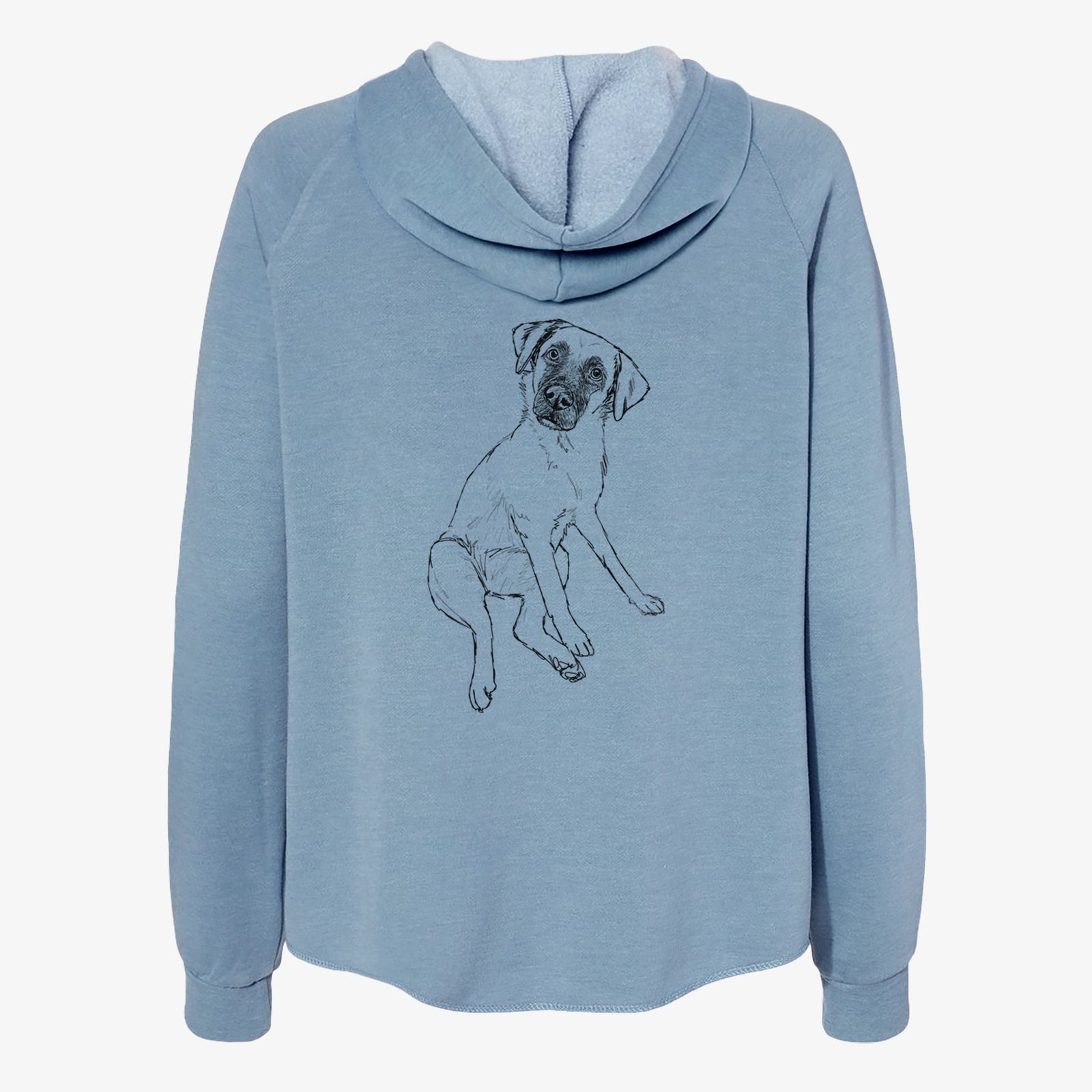 Full-body line drawing of Dunder the Arubian Cunucu on a Misty Blue Women's cali wave zip-up sweatshirt