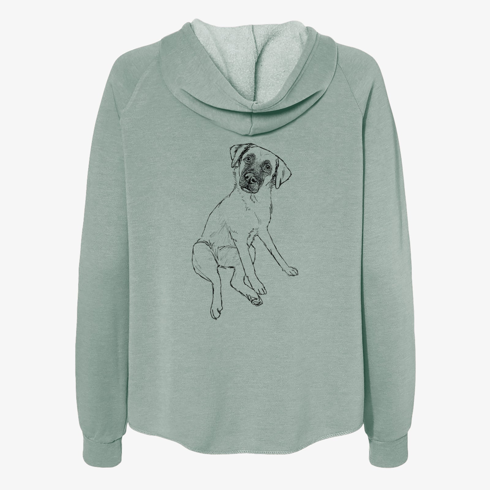 Full-body line drawing of Dunder the Arubian Cunucu on a Sage Women's cali wave zip-up sweatshirt