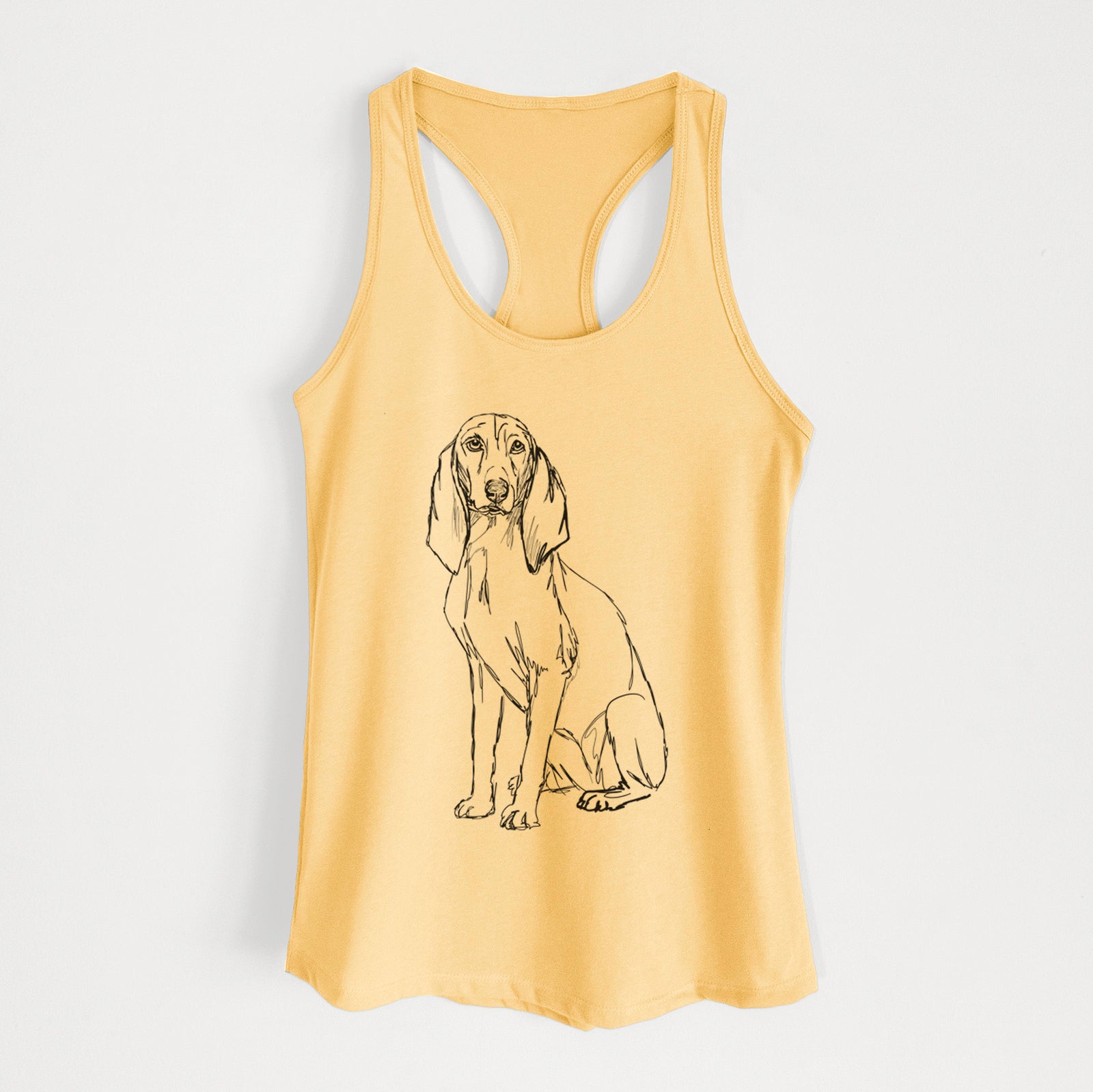 Full-body line drawing of Eleanor the Italian Segugio on a Banana Cream Women's racerback tanktop