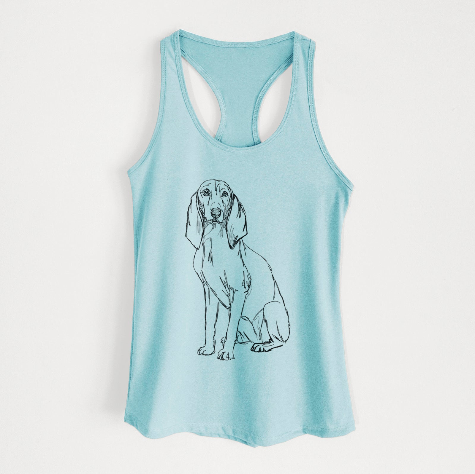 Full-body line drawing of Eleanor the Italian Segugio on a Cancun Blue Women's racerback tanktop