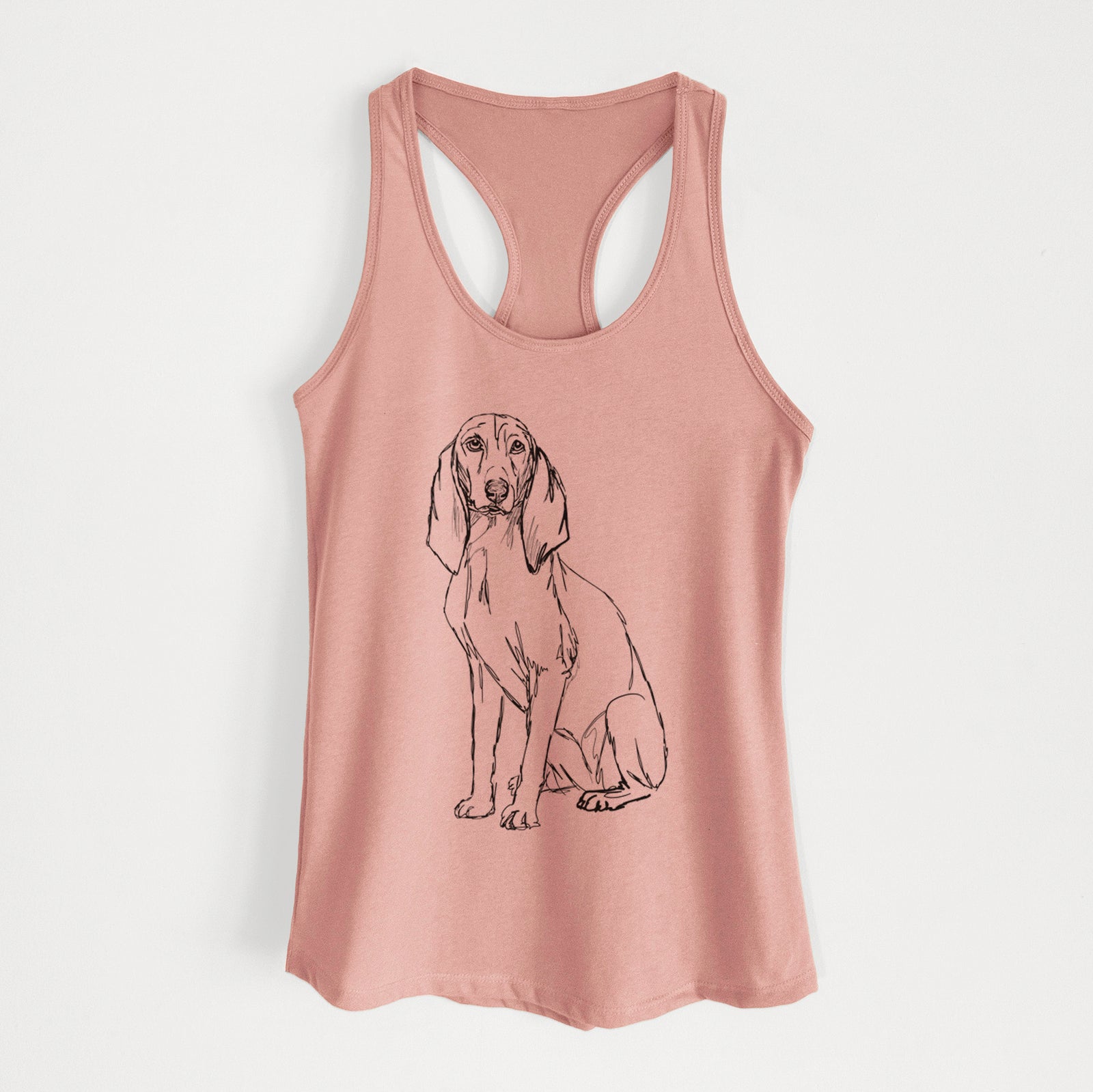 Full-body line drawing of Eleanor the Italian Segugio on a Desert Pink Women's racerback tanktop