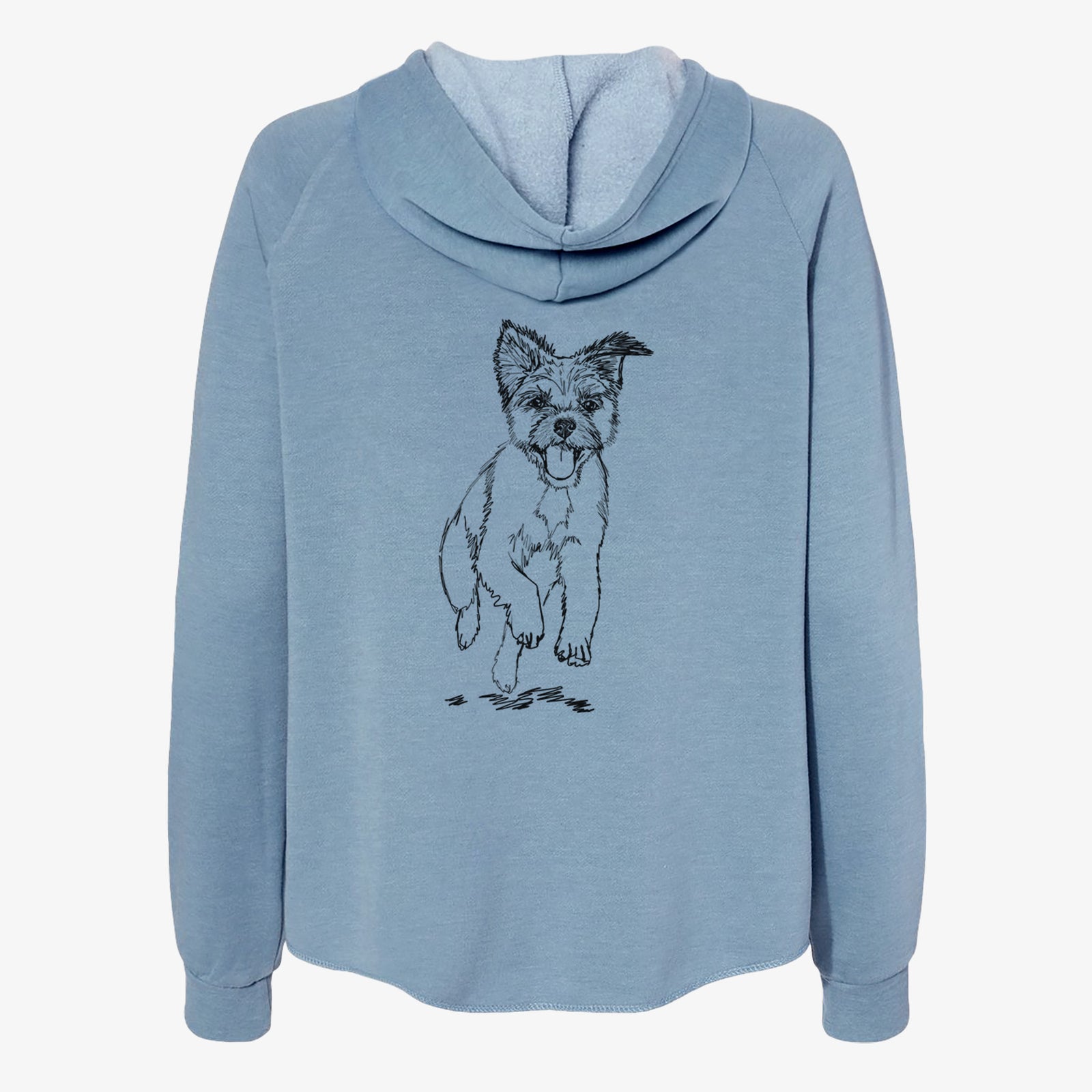 Full-body line drawing of Elvin the Border Terrier on a Misty Blue Women's cali wave zip-up sweatshirt