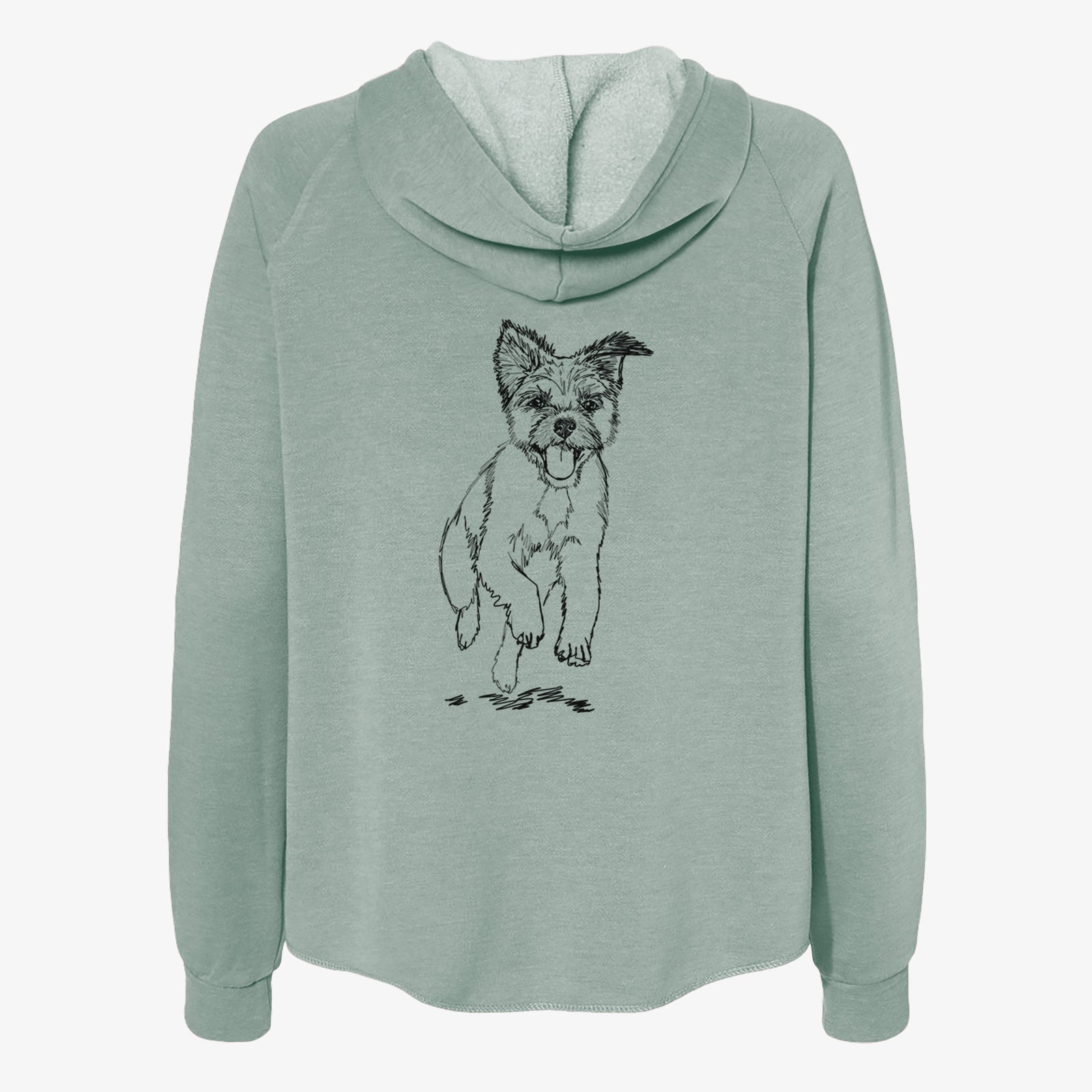 Full-body line drawing of Elvin the Border Terrier on a Sage Women's cali wave zip-up sweatshirt
