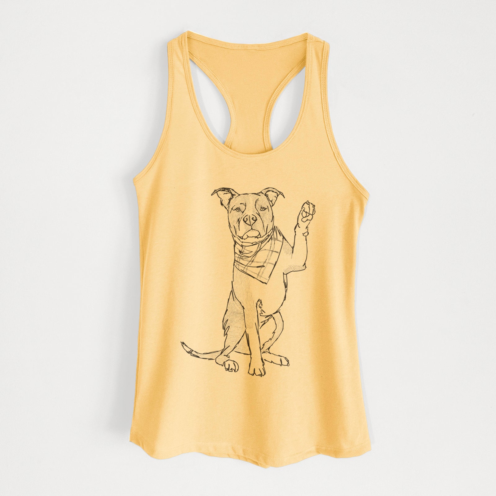Full-body line drawing of Fancy the American Staffordshire Terrier on a Banana Cream Women's racerback tanktop