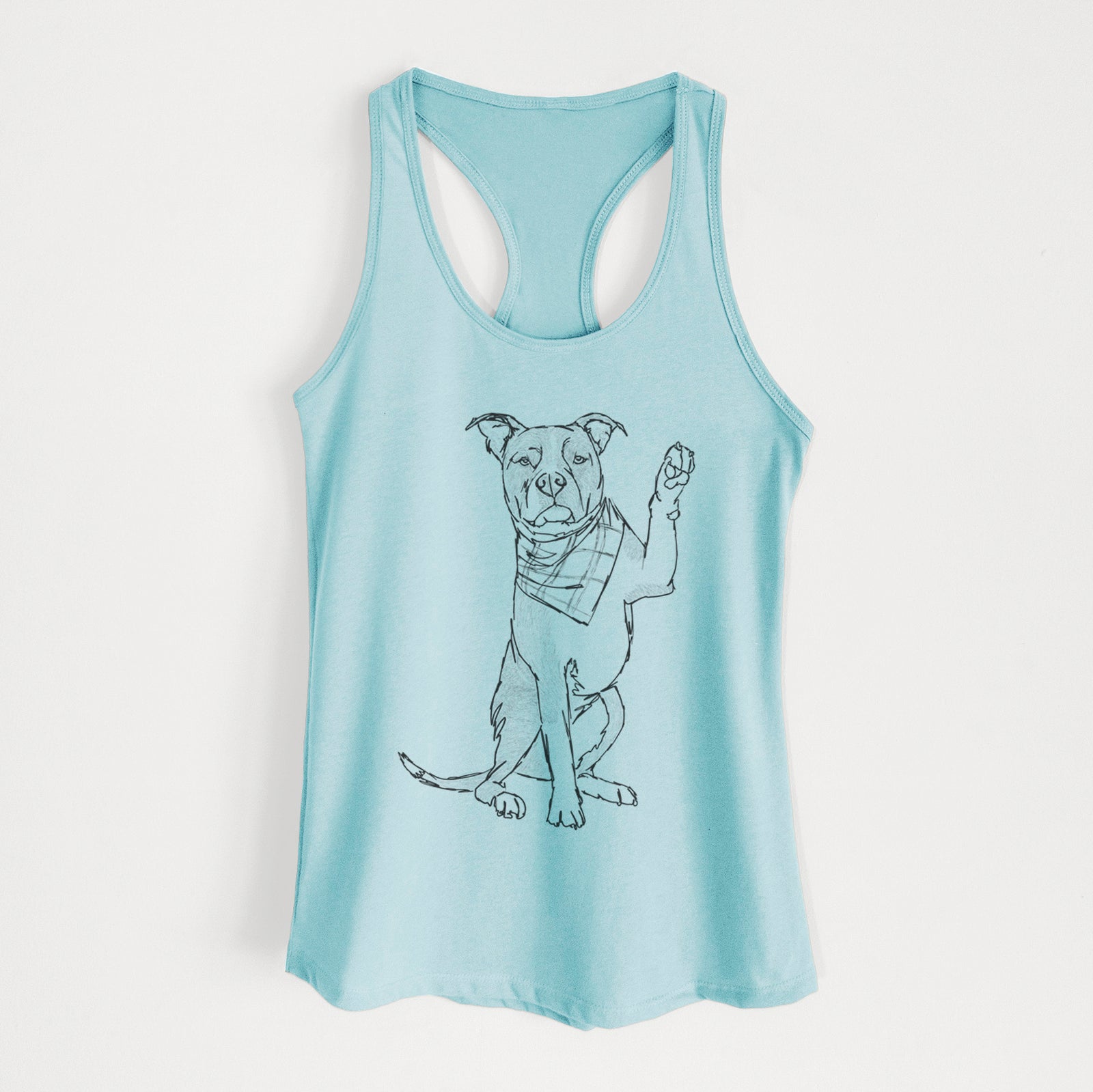 Full-body line drawing of Fancy the American Staffordshire Terrier on a Cancun Blue Women's racerback tanktop