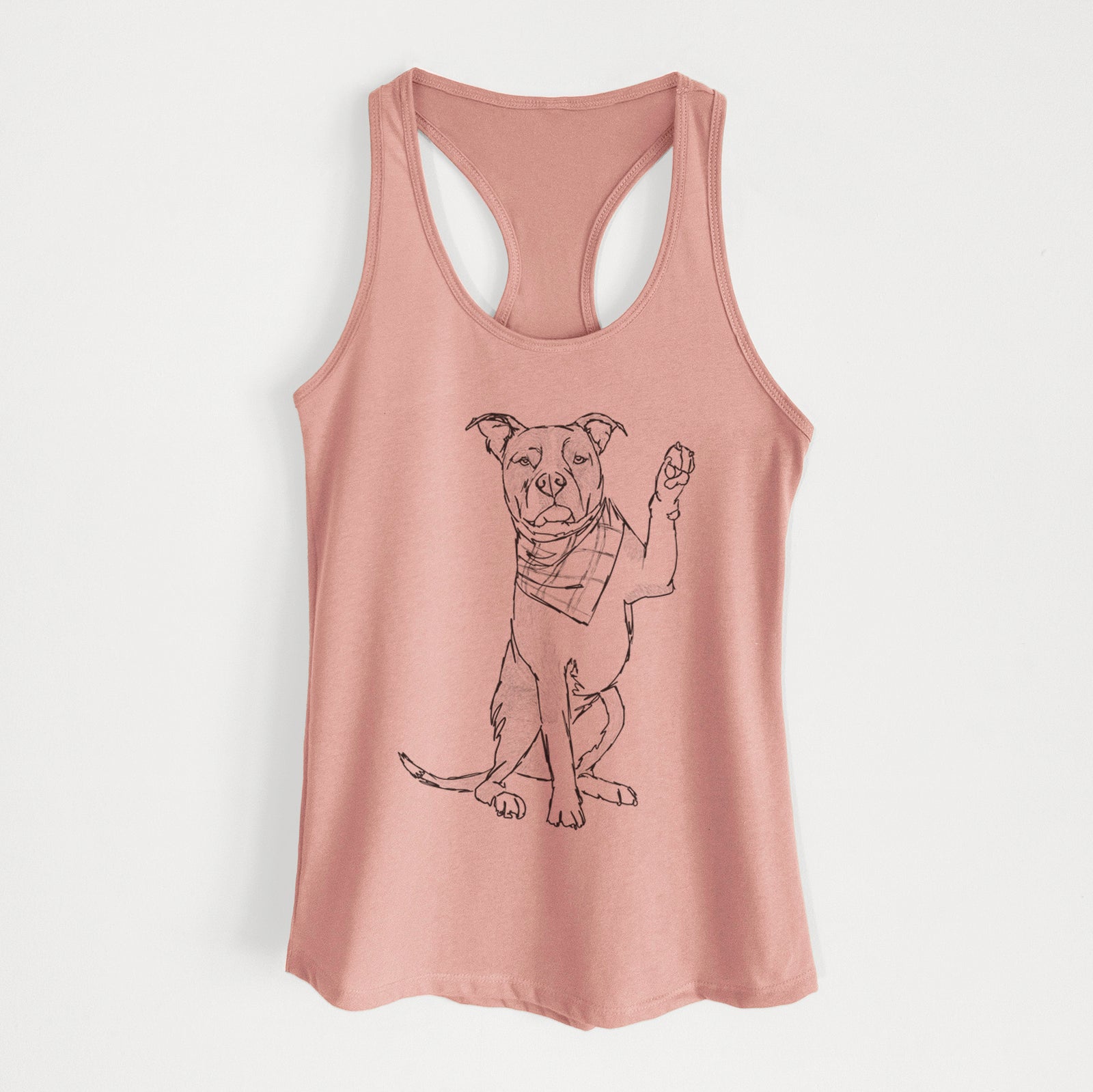 Full-body line drawing of Fancy the American Staffordshire Terrier on a Desert Pink Women's racerback tanktop