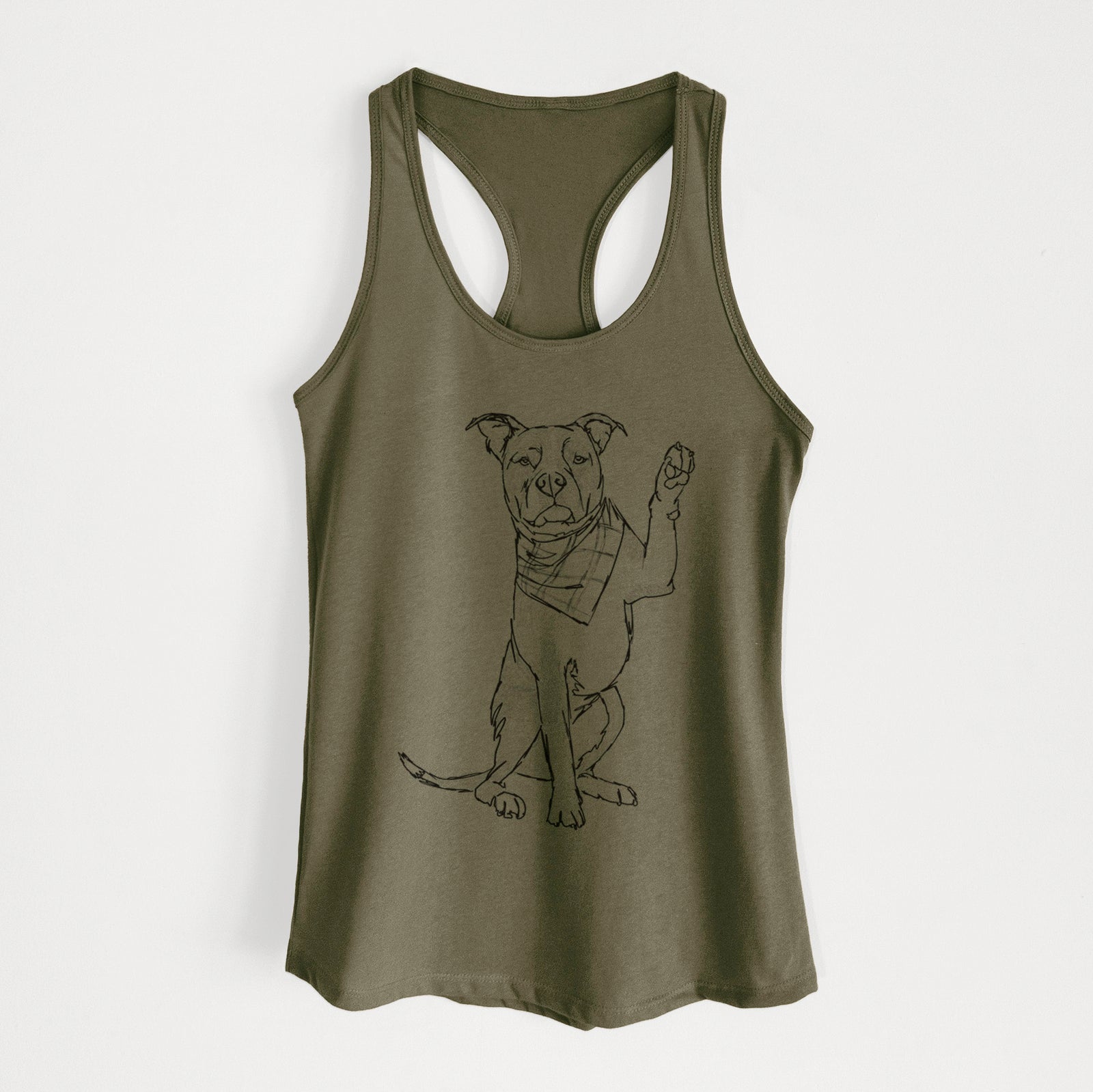 Full-body line drawing of Fancy the American Staffordshire Terrier on a Military Green Women's racerback tanktop