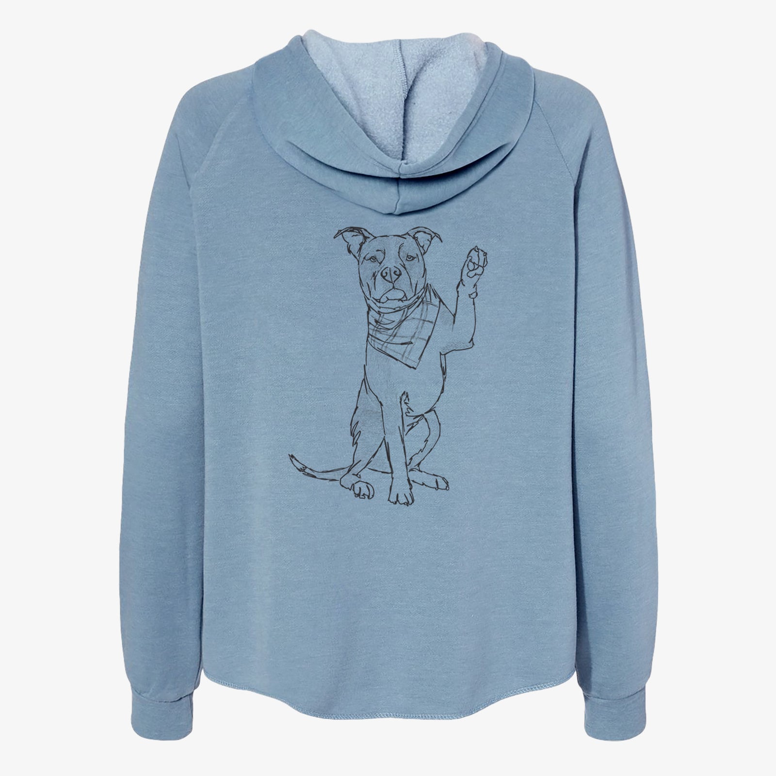 Full-body line drawing of Fancy the American Staffordshire Terrier on a Misty Blue Women's cali wave zip-up sweatshirt