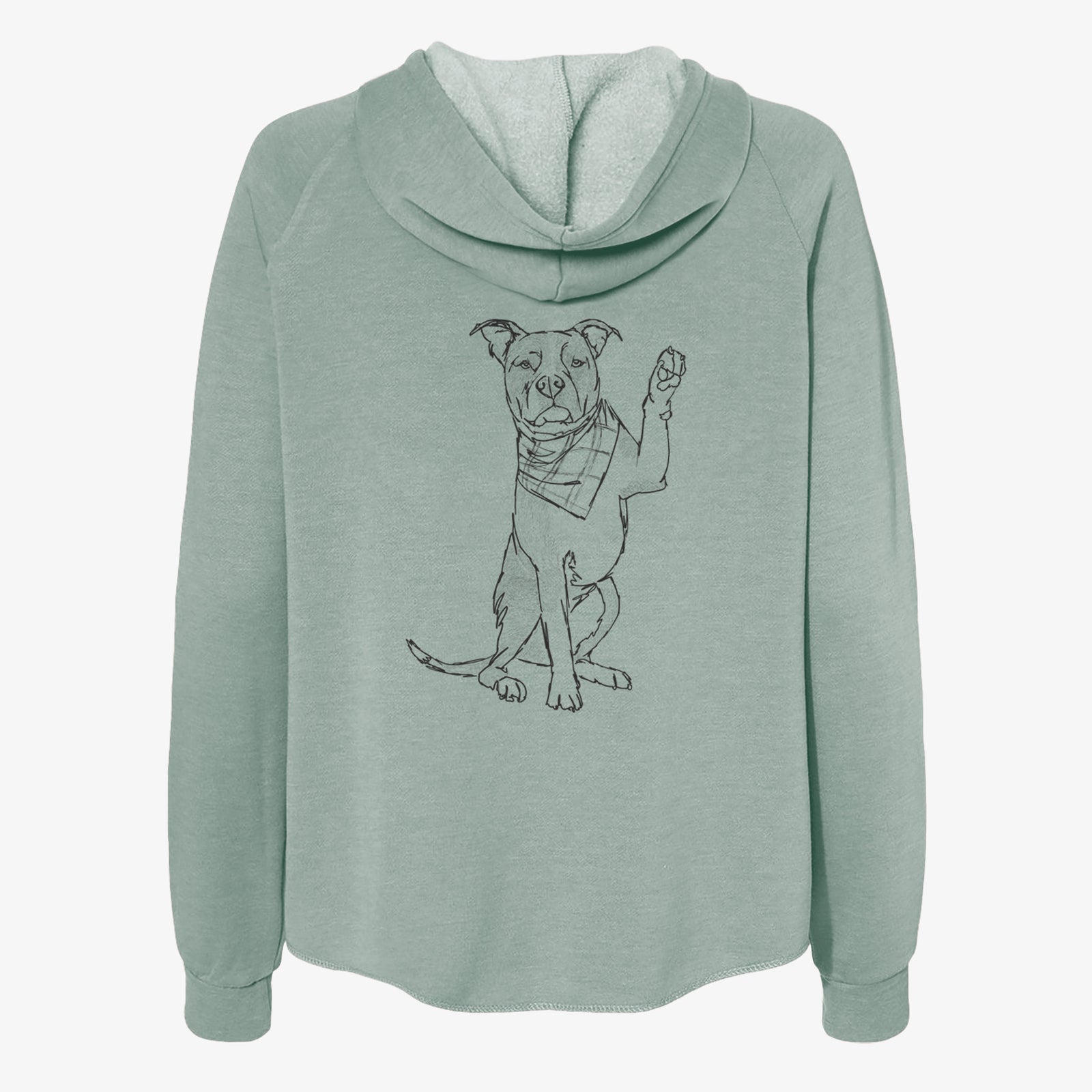 Full-body line drawing of Fancy the American Staffordshire Terrier on a Sage Women's cali wave zip-up sweatshirt