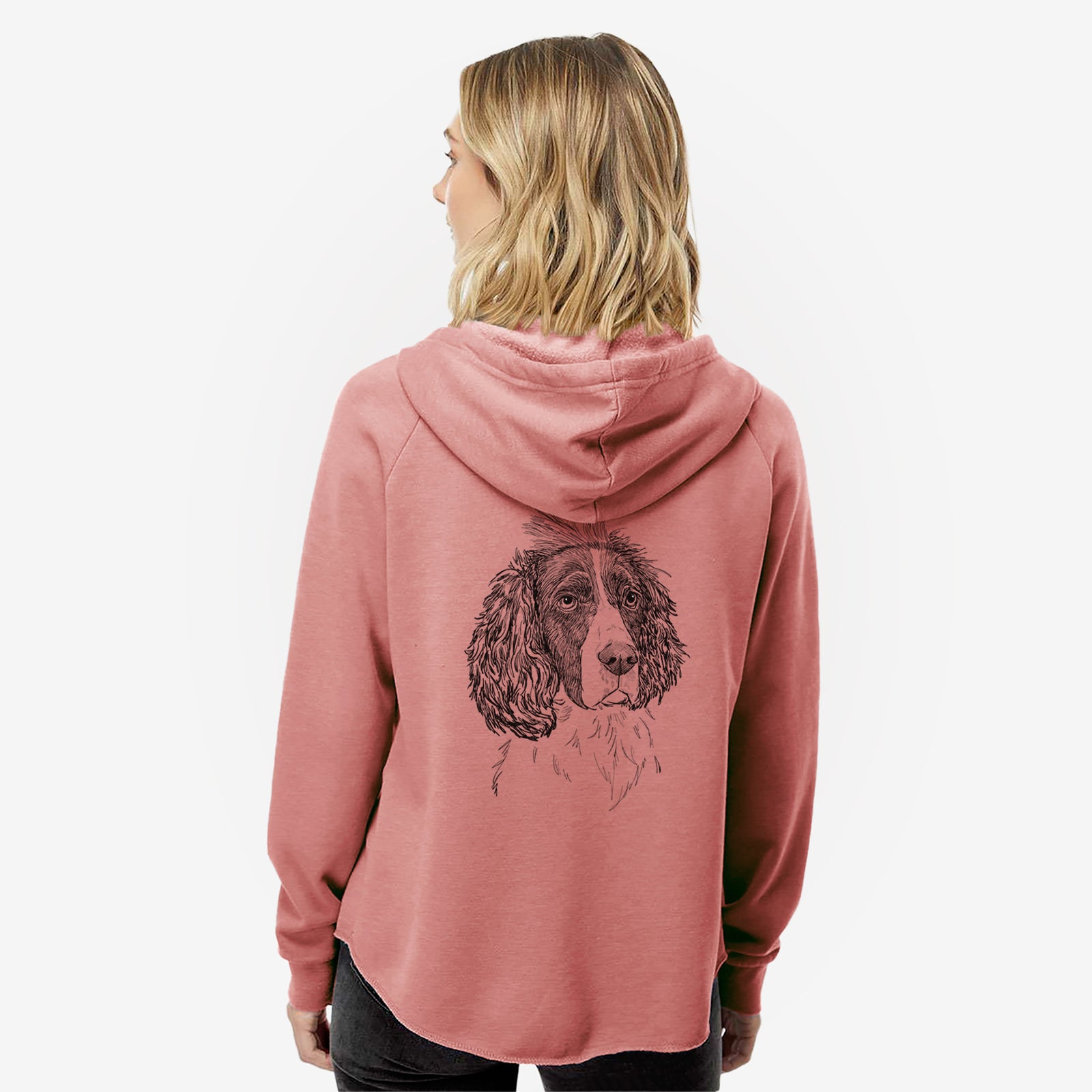Full-body line drawing of Fern the English Springer Spaniel on a Dusty Rose Women's cali wave zip-up sweatshirt