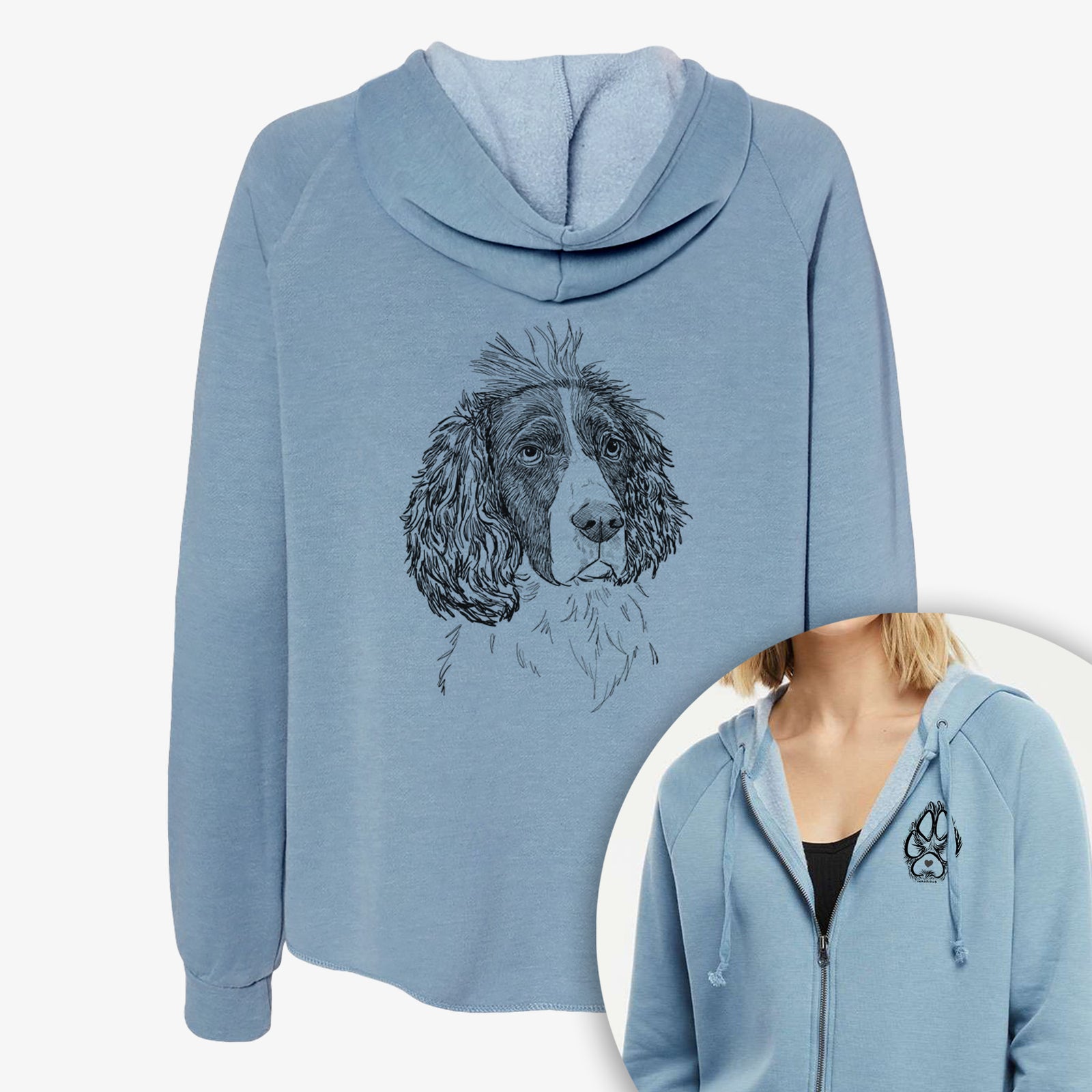 Full-body line drawing of Fern the English Springer Spaniel on a Women's cali wave zip-up sweatshirt, shown with icons of the other available costume styles