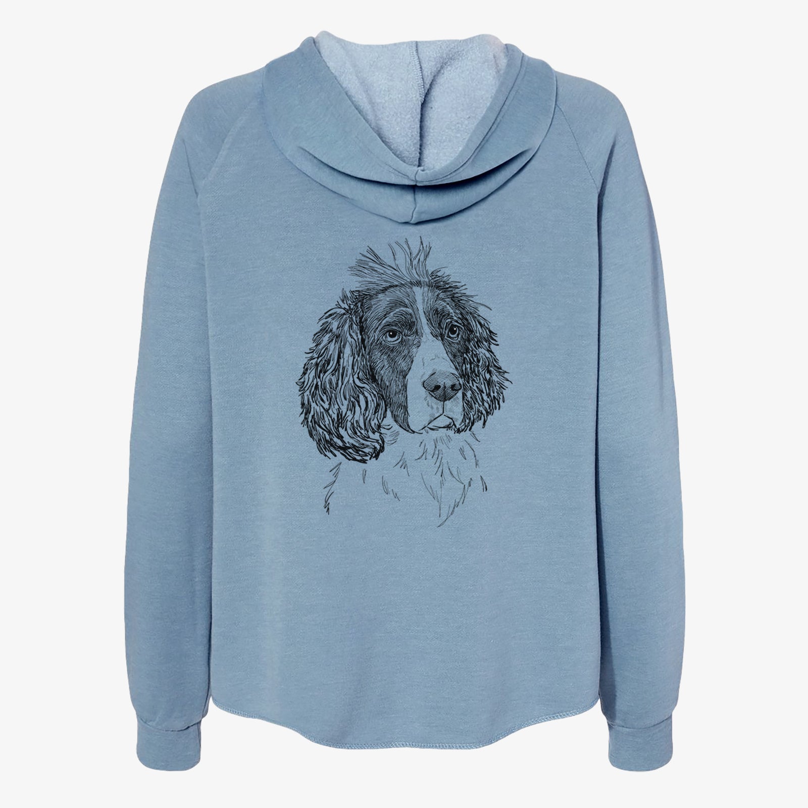 Full-body line drawing of Fern the English Springer Spaniel on a Misty Blue Women's cali wave zip-up sweatshirt