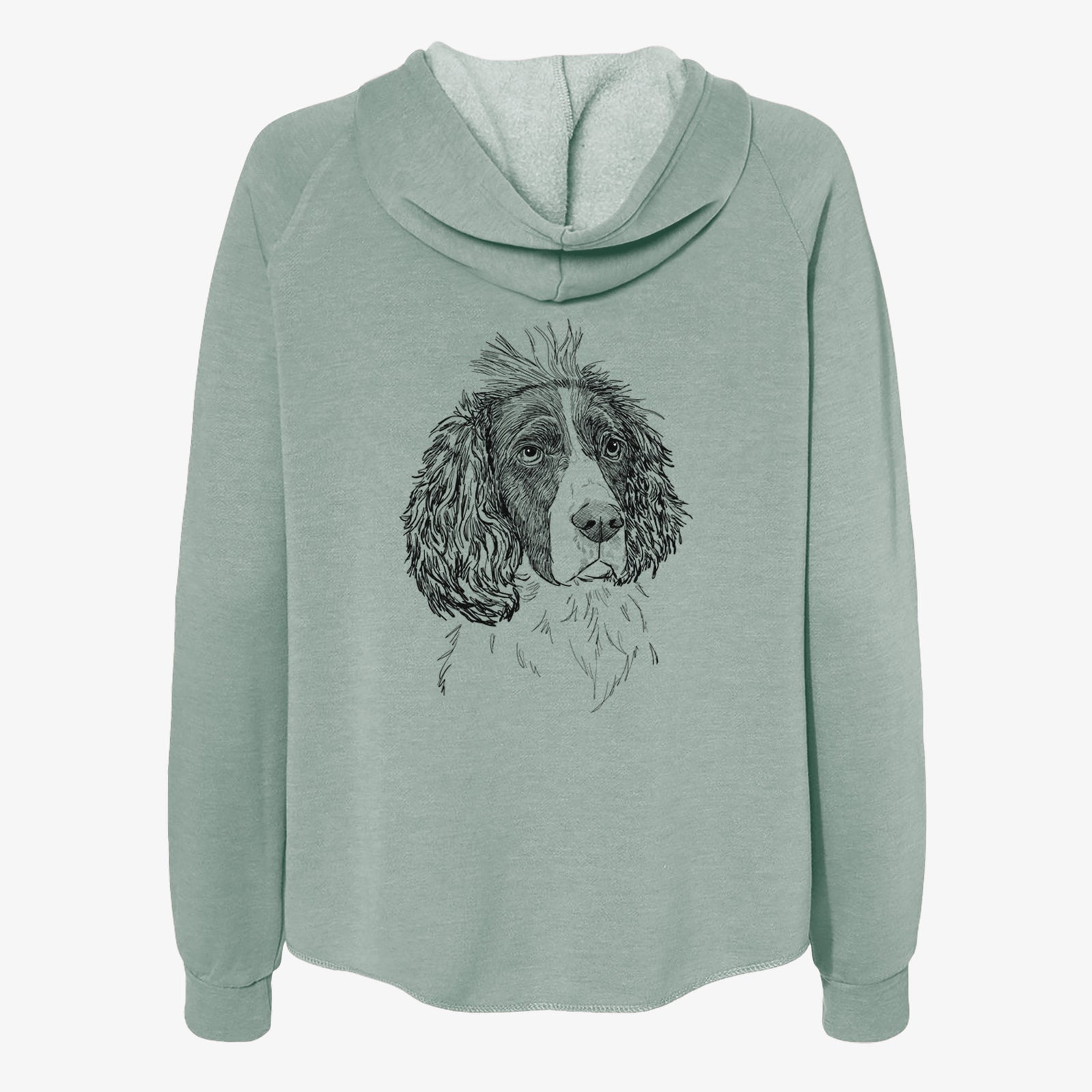 Full-body line drawing of Fern the English Springer Spaniel on a Sage Women's cali wave zip-up sweatshirt