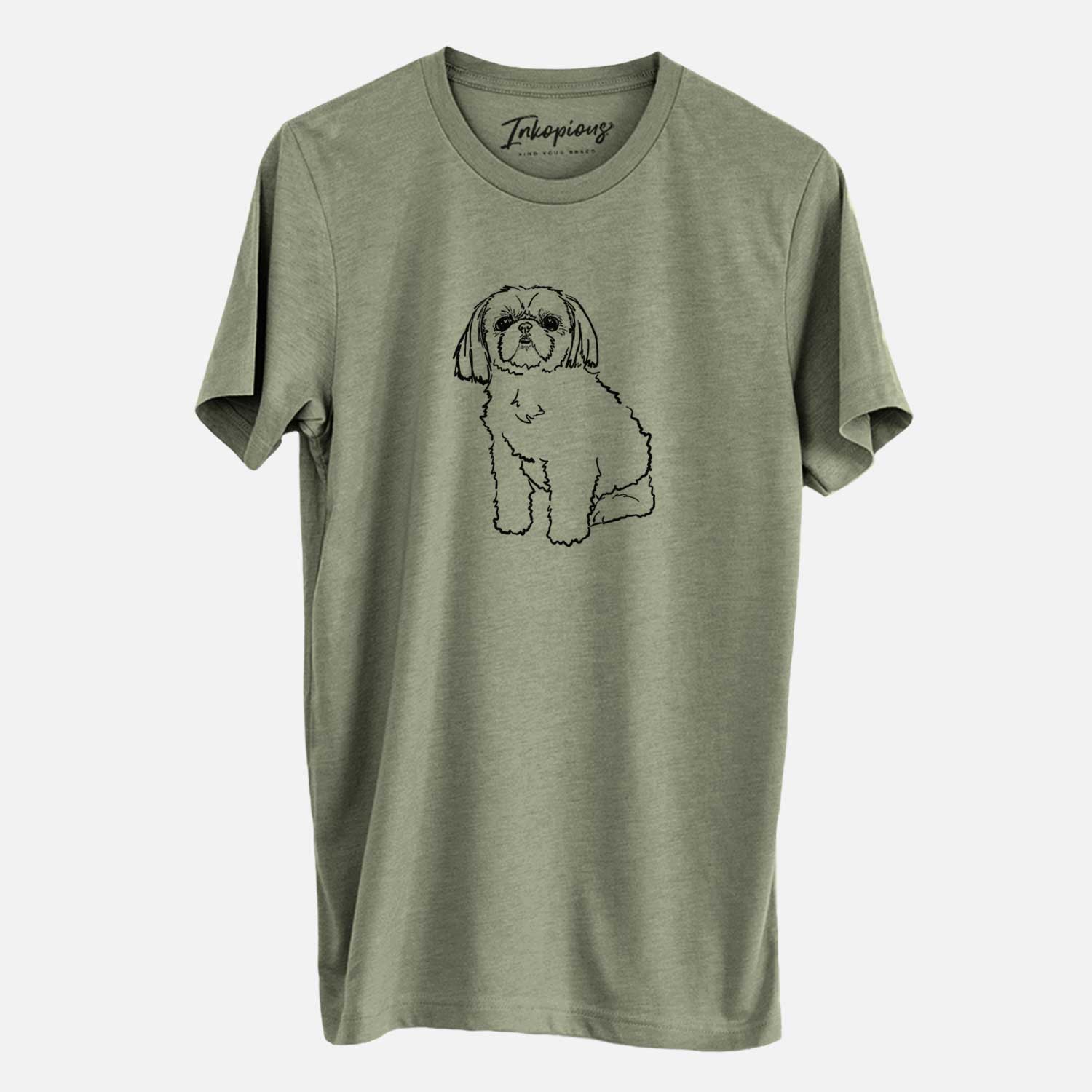 Full-body line drawing of Georgia the Shih Tzu on an Olive Unisex crewneck