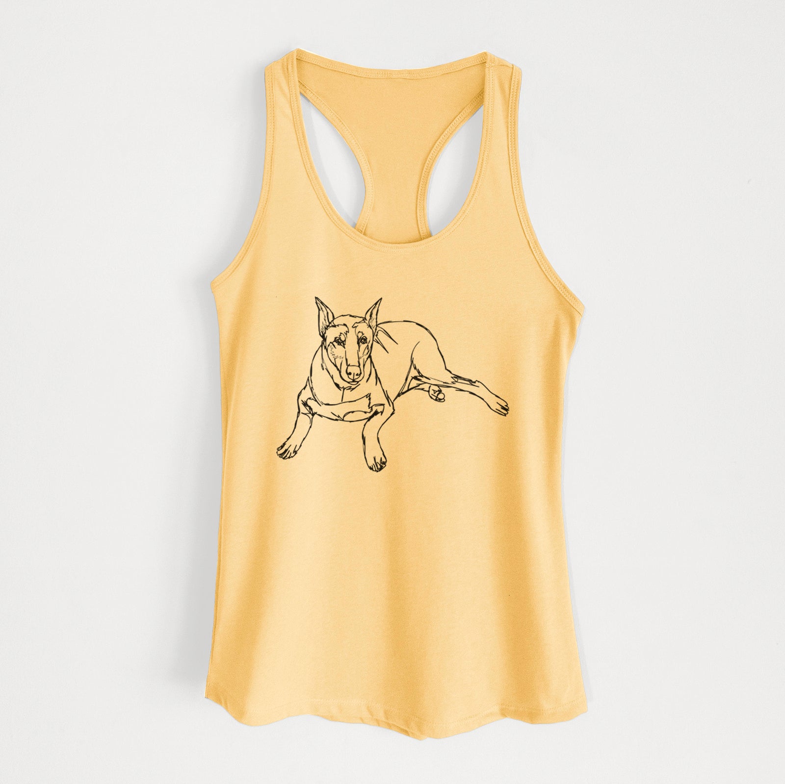 Full-body line drawing of Ginger the Doberman Pinscher on a Banana Cream Women's racerback tanktop