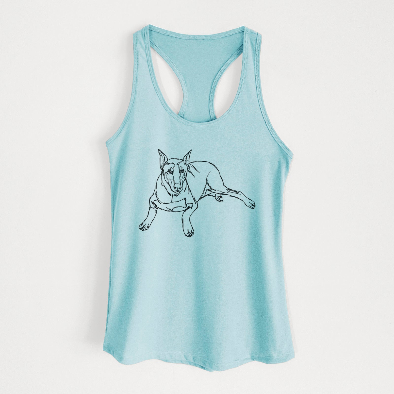 Full-body line drawing of Ginger the Doberman Pinscher on a Cancun Blue Women's racerback tanktop