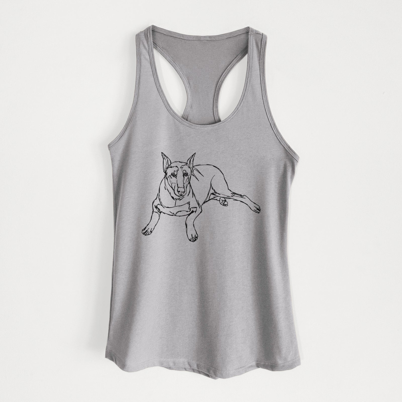 Full-body line drawing of Ginger the Doberman Pinscher on a Heather Grey Women's racerback tanktop