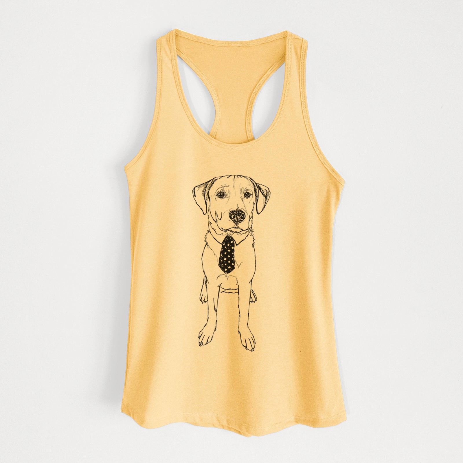 Full-body line drawing of Goose the Lab Mix on a Banana Cream Women's racerback tanktop