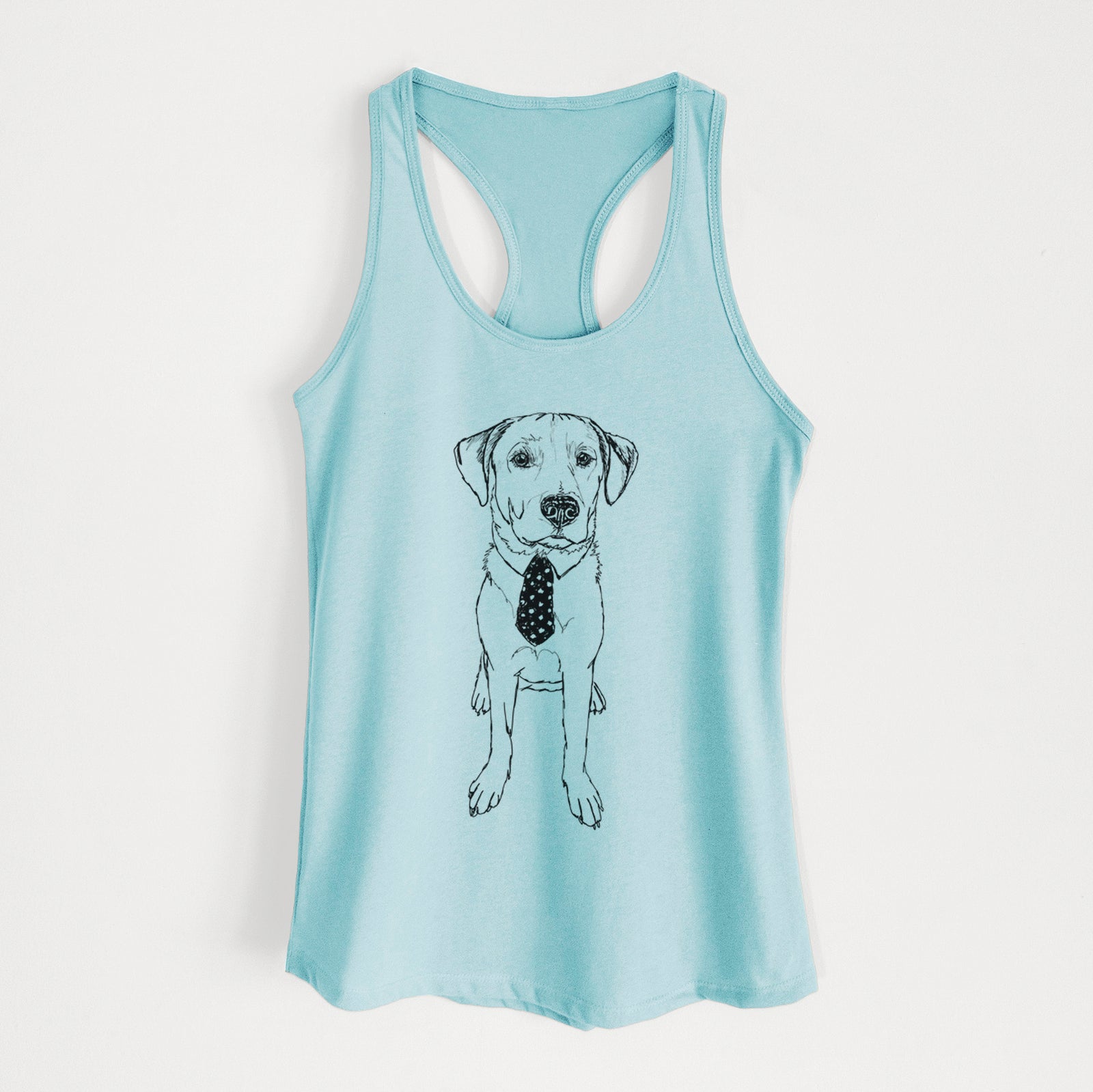 Full-body line drawing of Goose the Lab Mix on a Cancun Blue Women's racerback tanktop