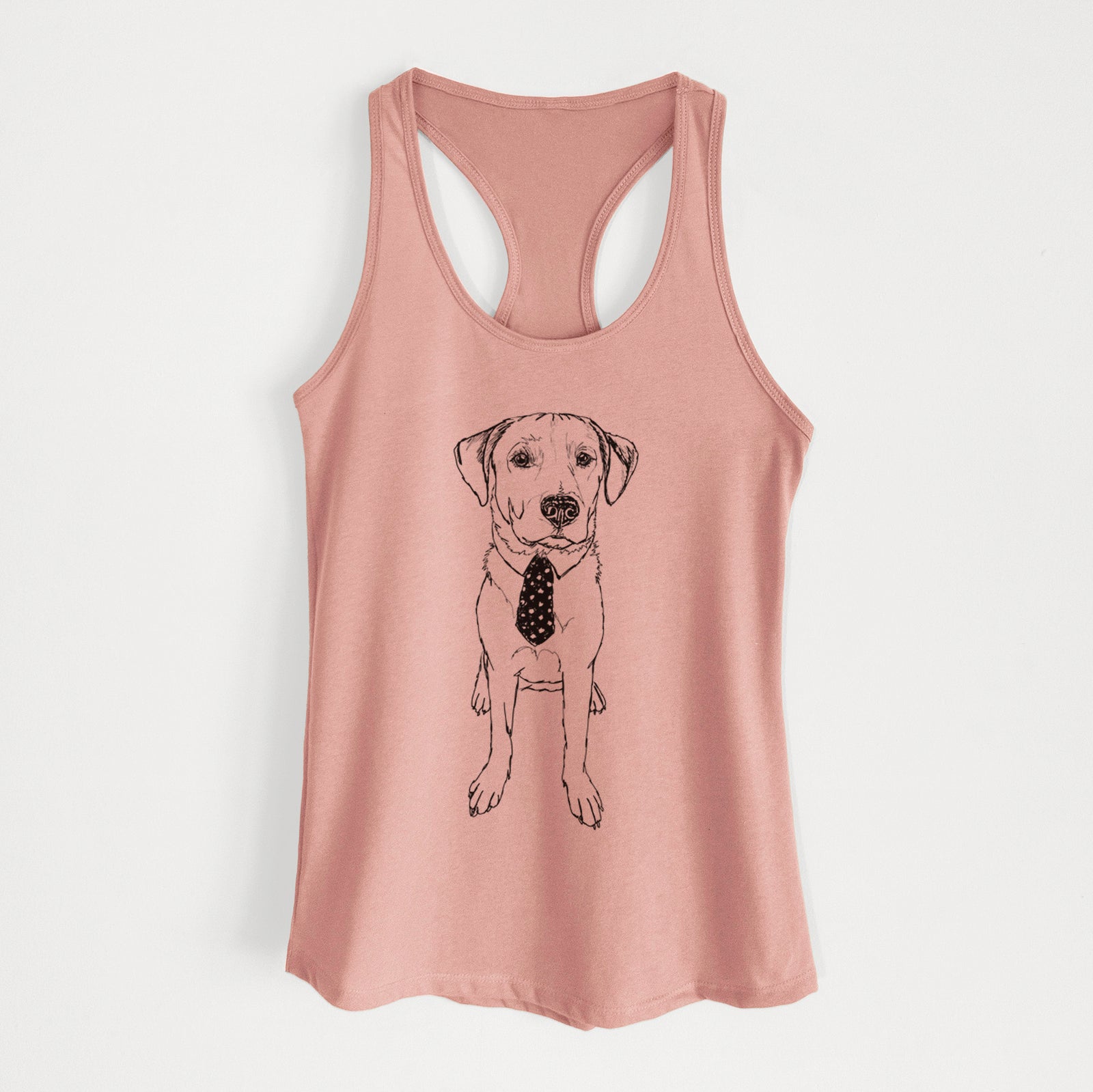 Full-body line drawing of Goose the Lab Mix on a Desert Pink Women's racerback tanktop