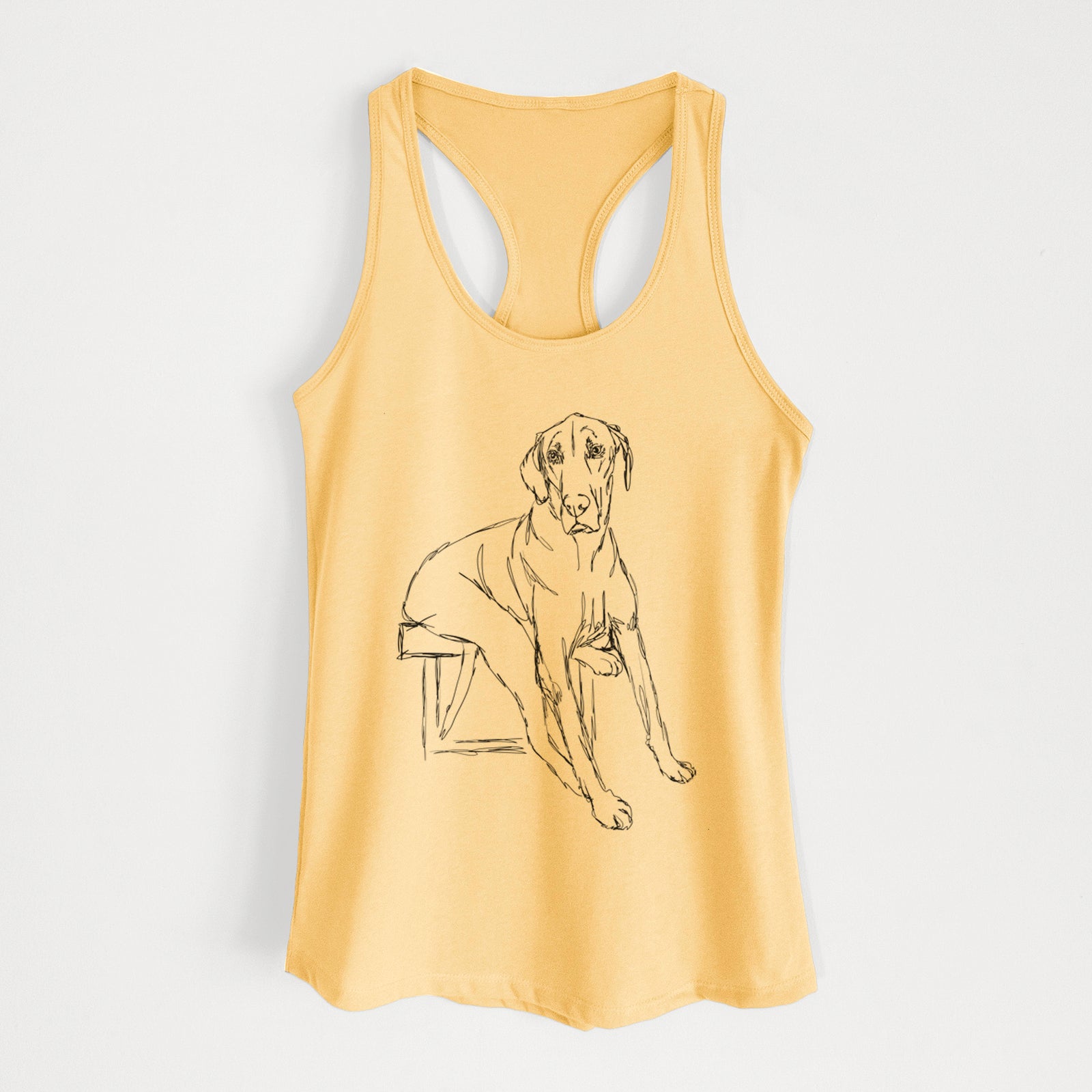 Full-body line drawing of Gracie the Great Dane on a Banana Cream Women's racerback tanktop