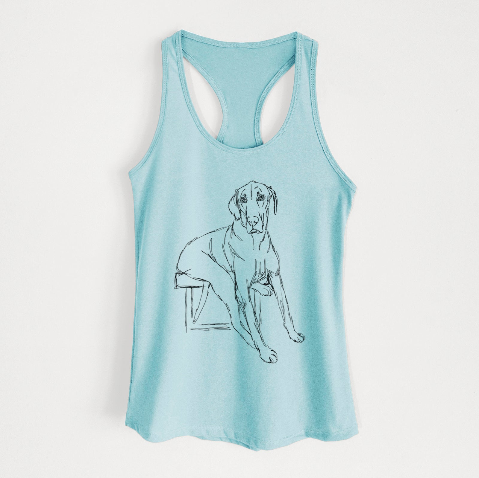 Full-body line drawing of Gracie the Great Dane on a Cancun Blue Women's racerback tanktop