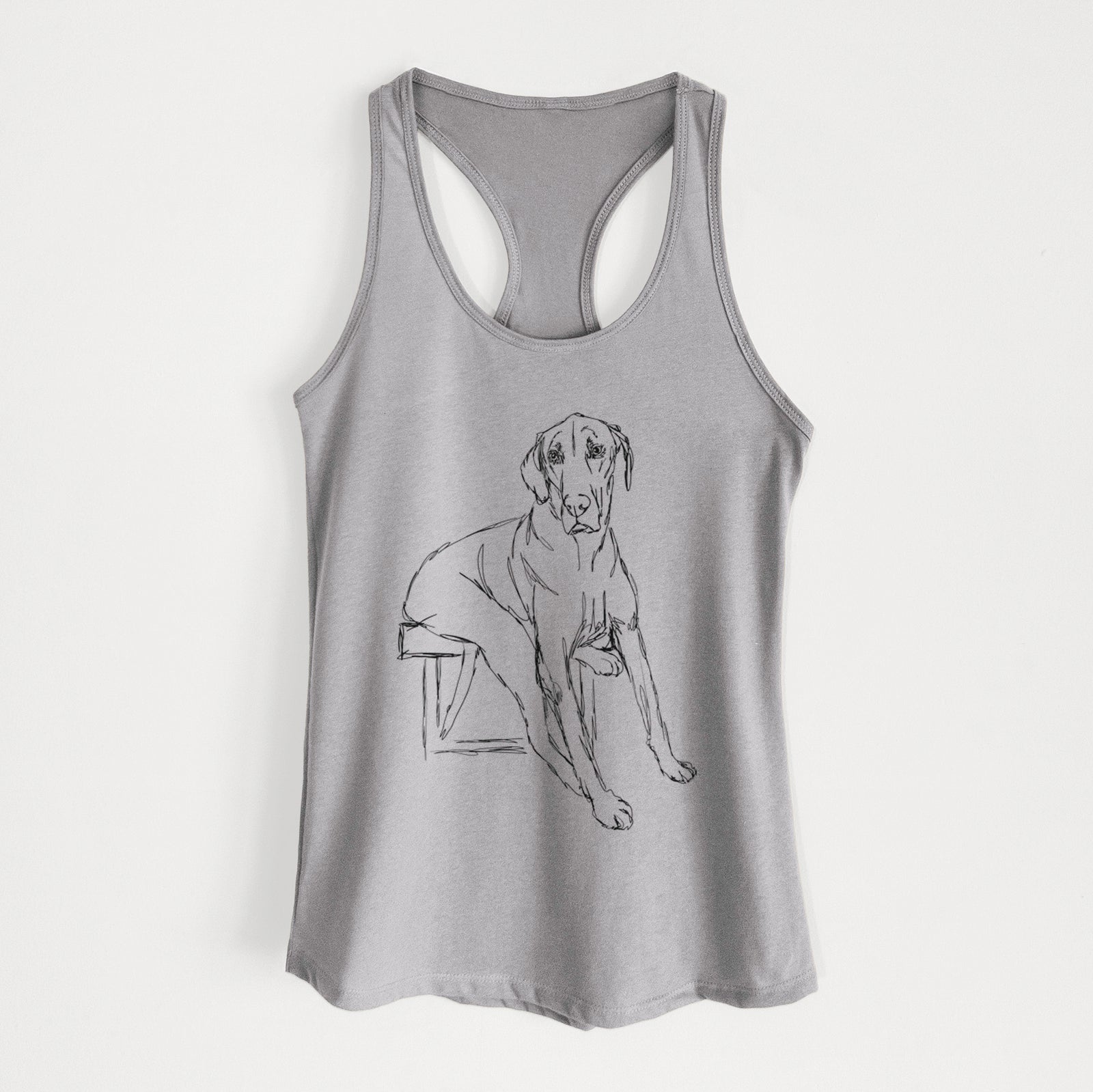 Full-body line drawing of Gracie the Great Dane on a Heather Grey Women's racerback tanktop