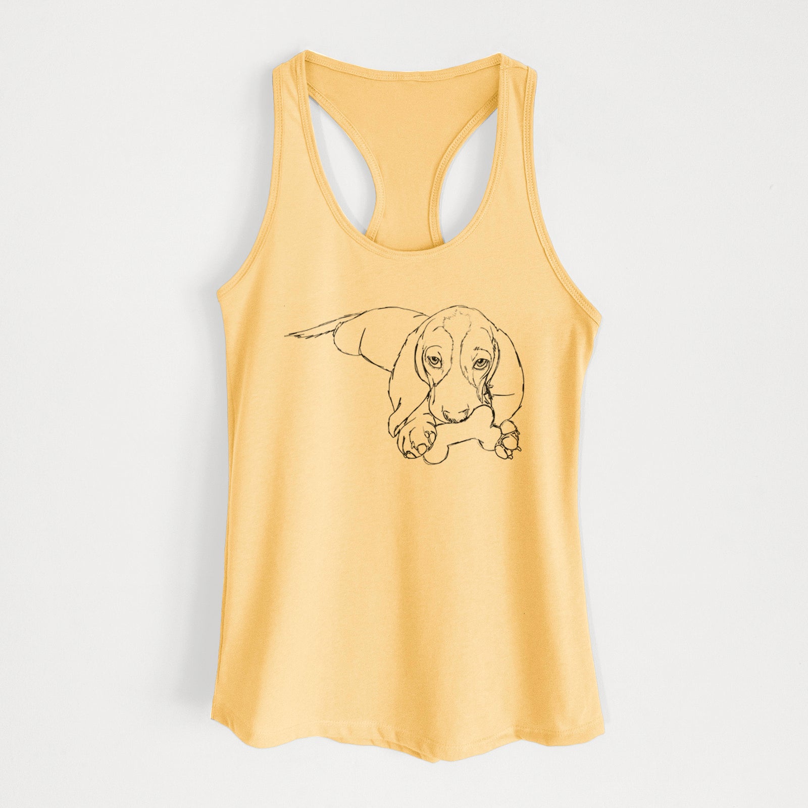 Full-body line drawing of Gracie the Basset Hound on a Banana Cream Women's racerback tanktop