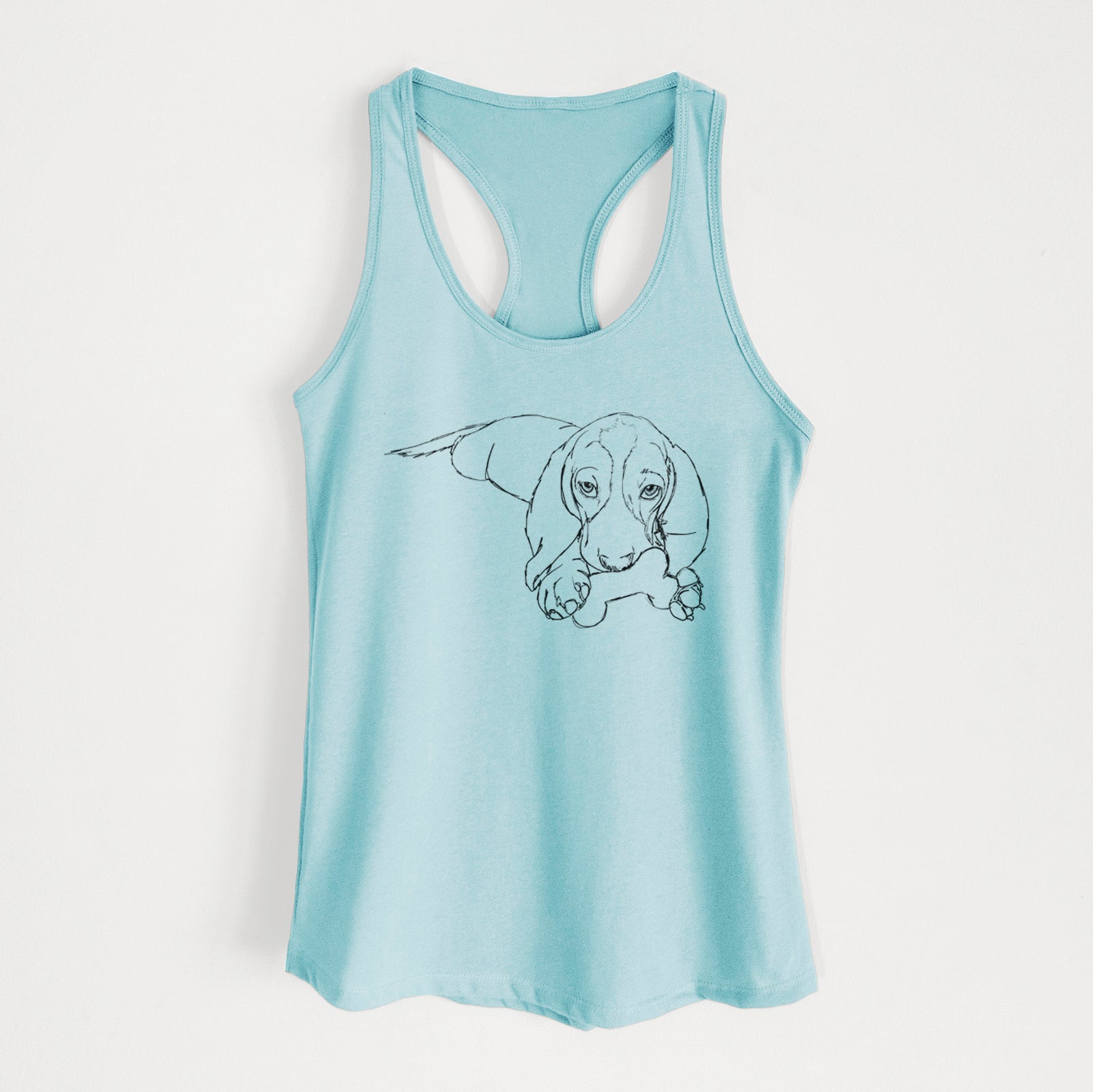 Full-body line drawing of Gracie the Basset Hound on a Cancun Blue Women's racerback tanktop
