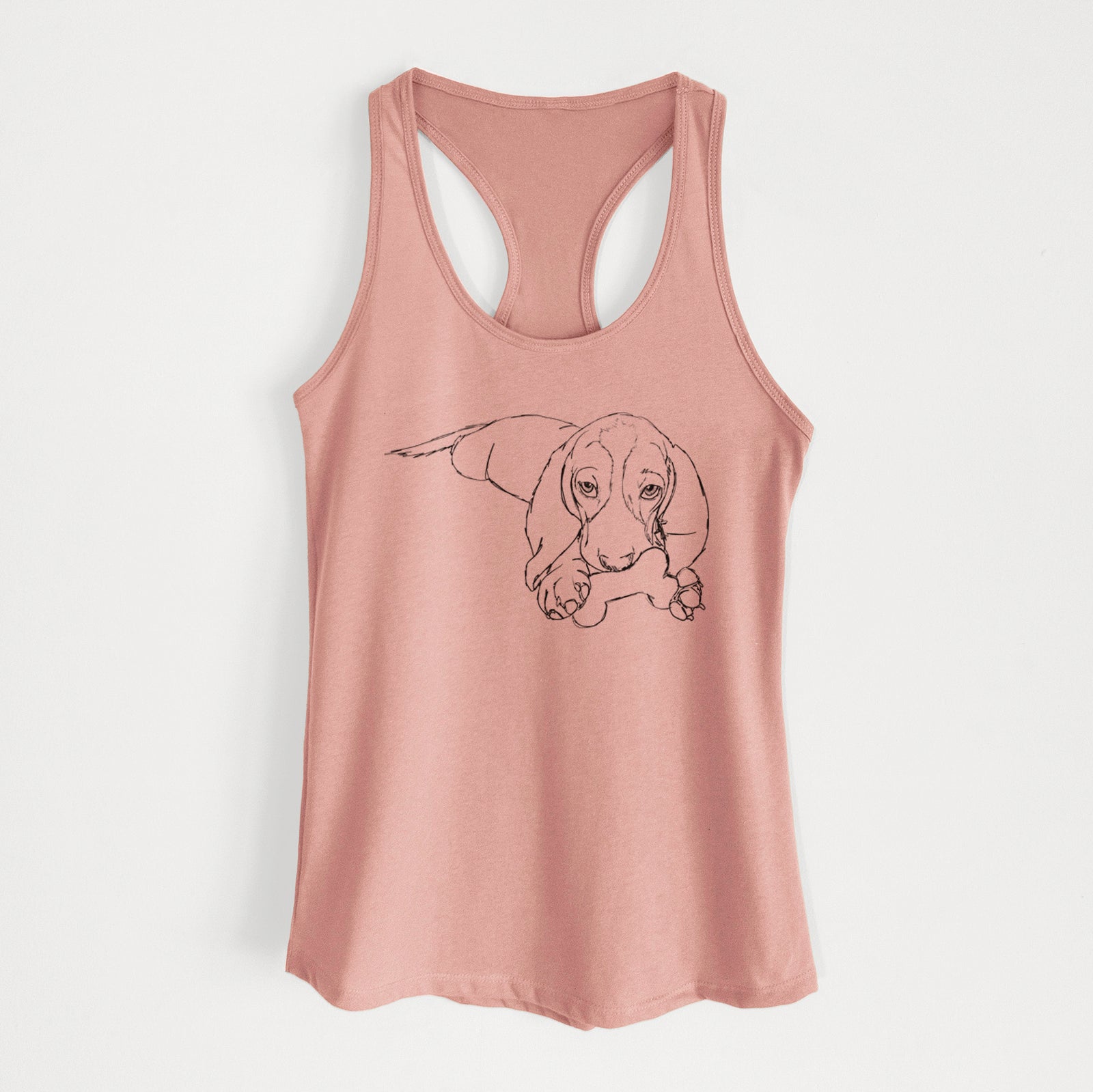 Full-body line drawing of Gracie the Basset Hound on a Desert Pink Women's racerback tanktop