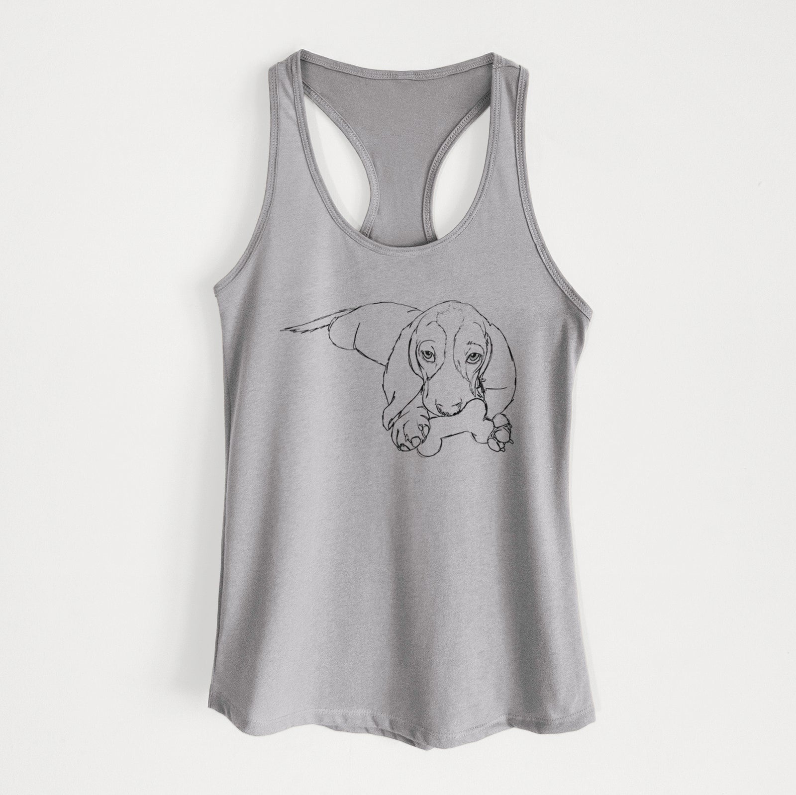 Full-body line drawing of Gracie the Basset Hound on a Heather Grey Women's racerback tanktop