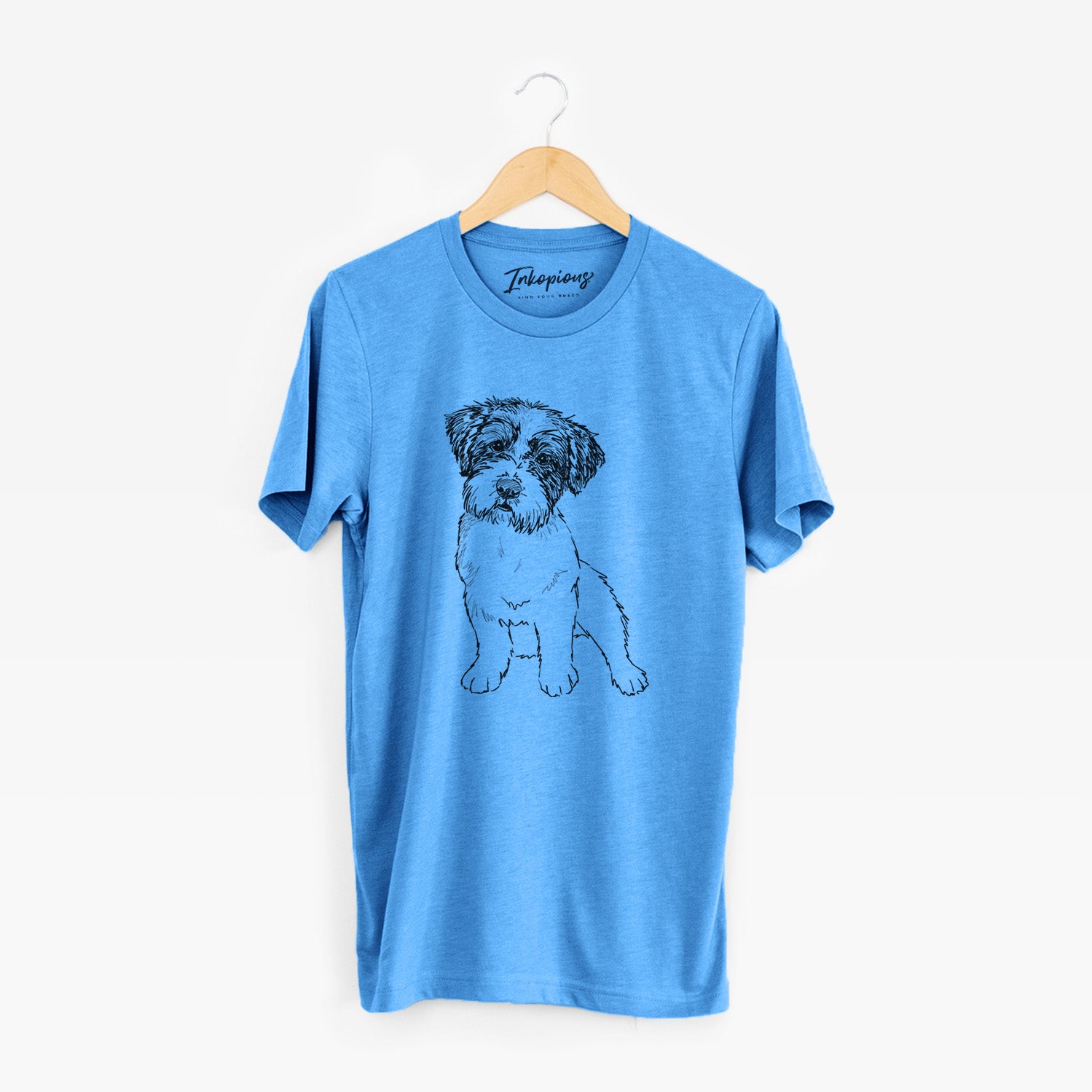 Full-body line drawing of Groot the Maltese Mix on a Blue Unisex crewneck