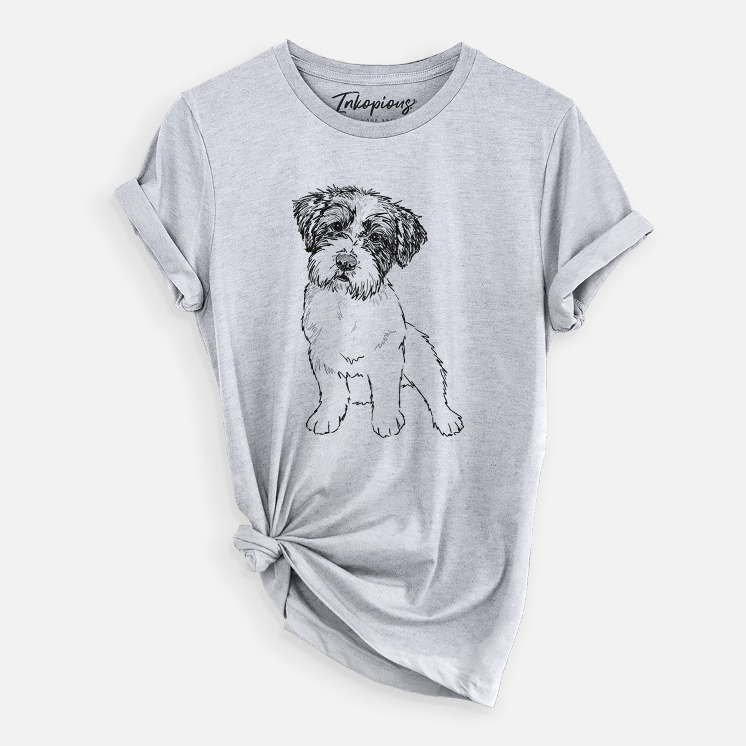 Full-body line drawing of Groot the Maltese Mix on a Grey Unisex crewneck