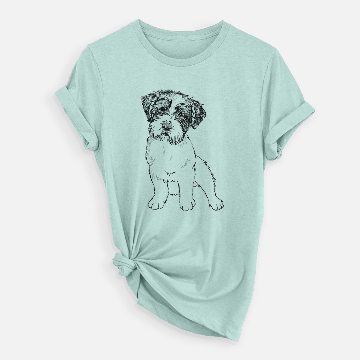 Full-body line drawing of Groot the Maltese Mix on a Heather Sage Unisex crewneck