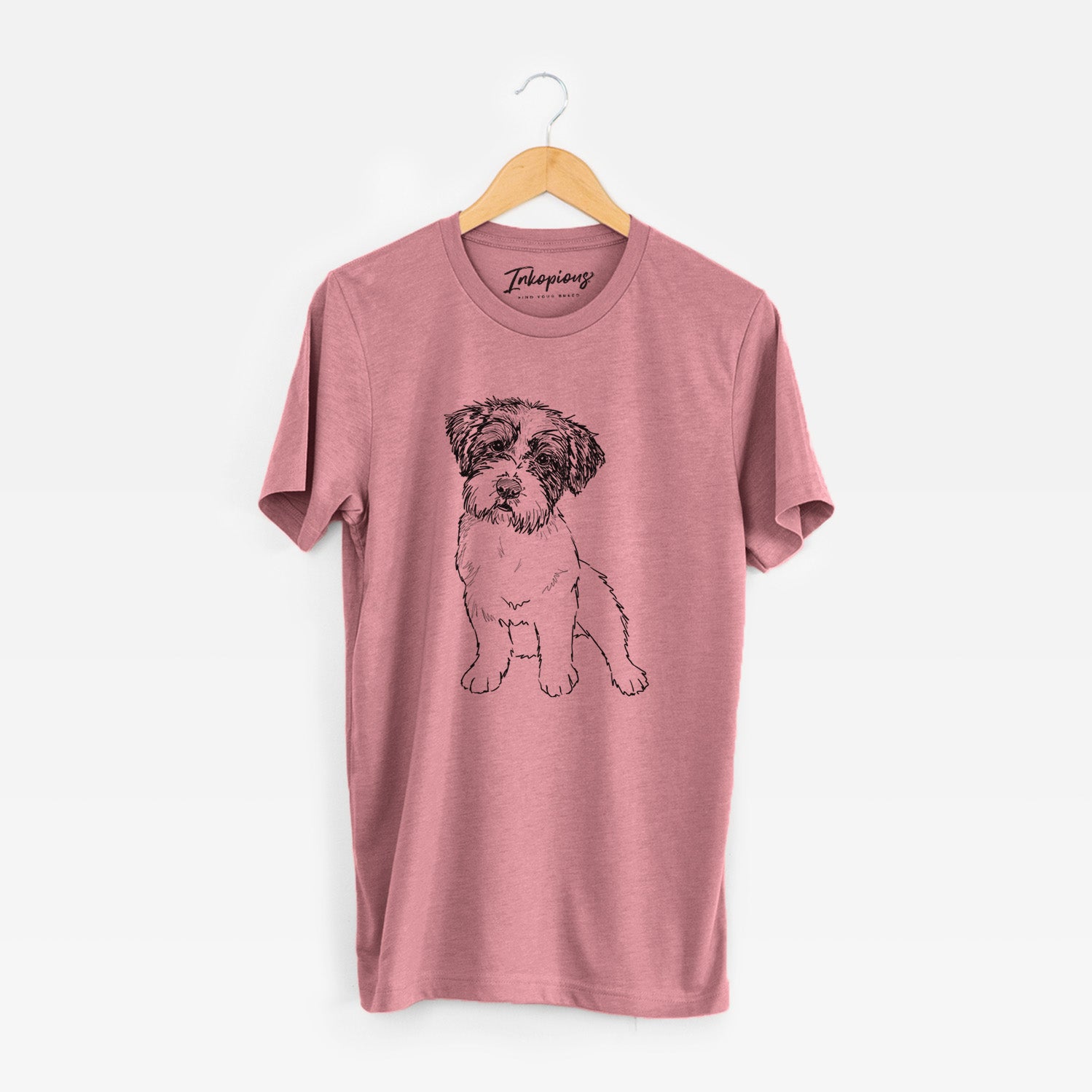 Full-body line drawing of Groot the Maltese Mix on a Mauve Unisex crewneck