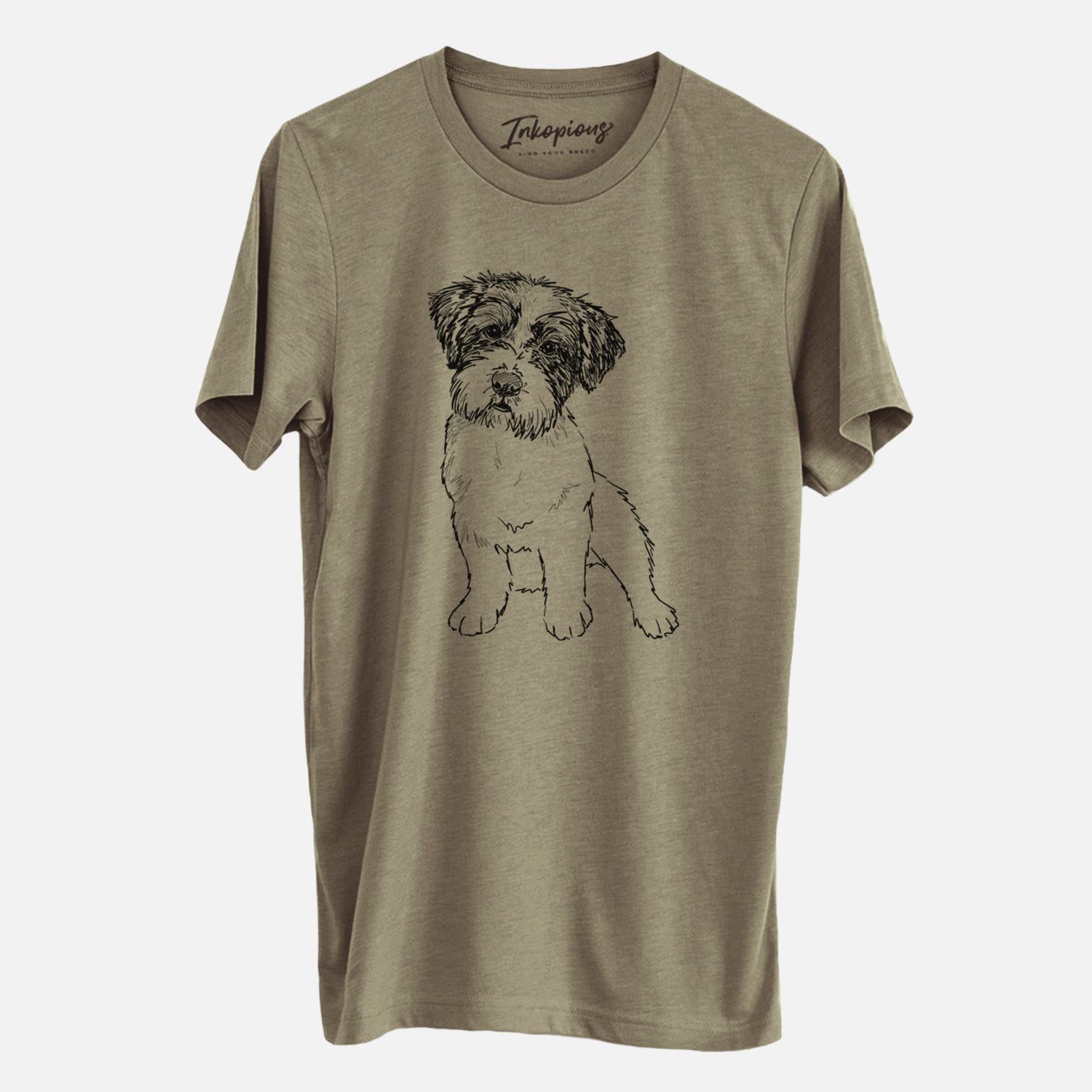 Full-body line drawing of Groot the Maltese Mix on an Olive Unisex crewneck
