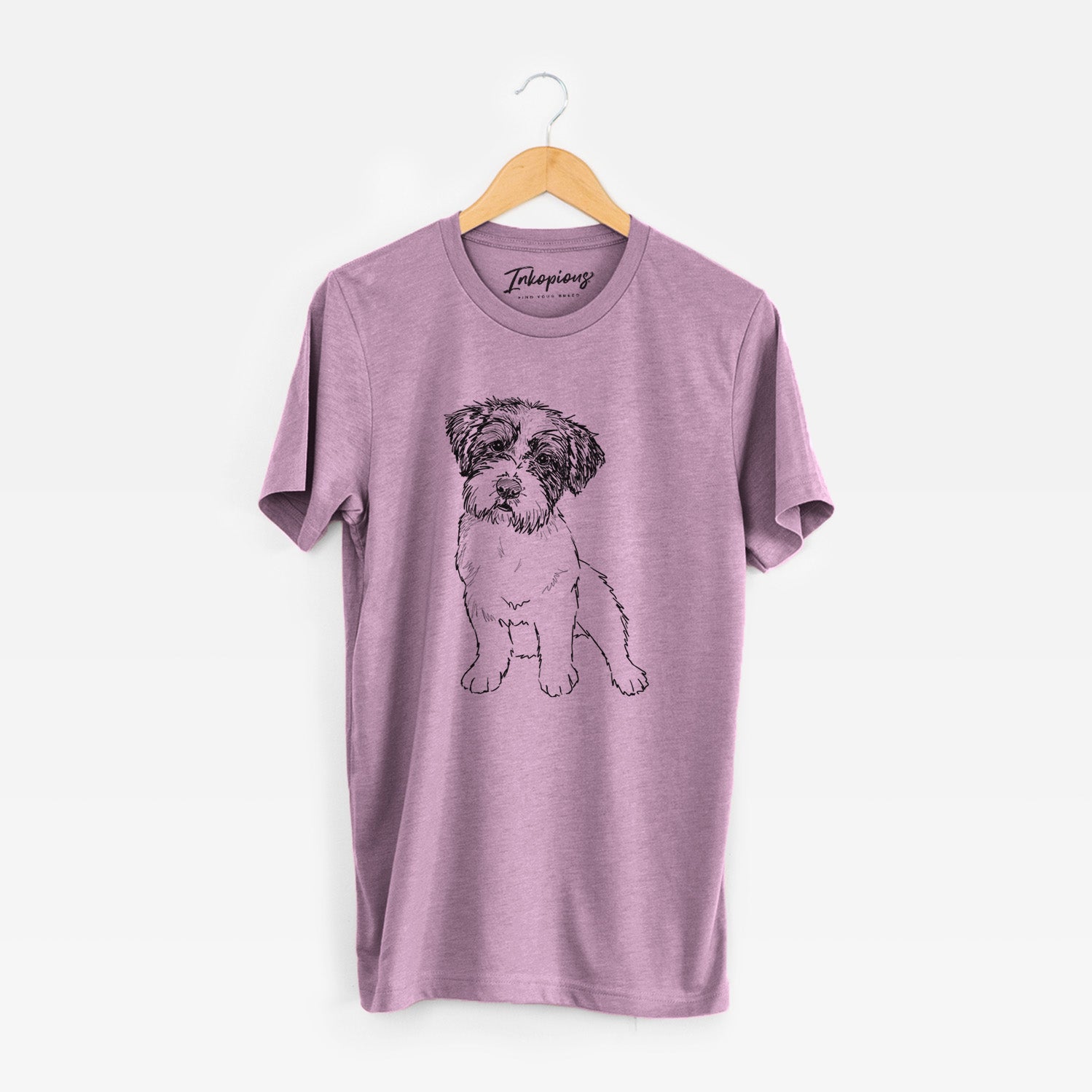 Full-body line drawing of Groot the Maltese Mix on an Orchid Unisex crewneck