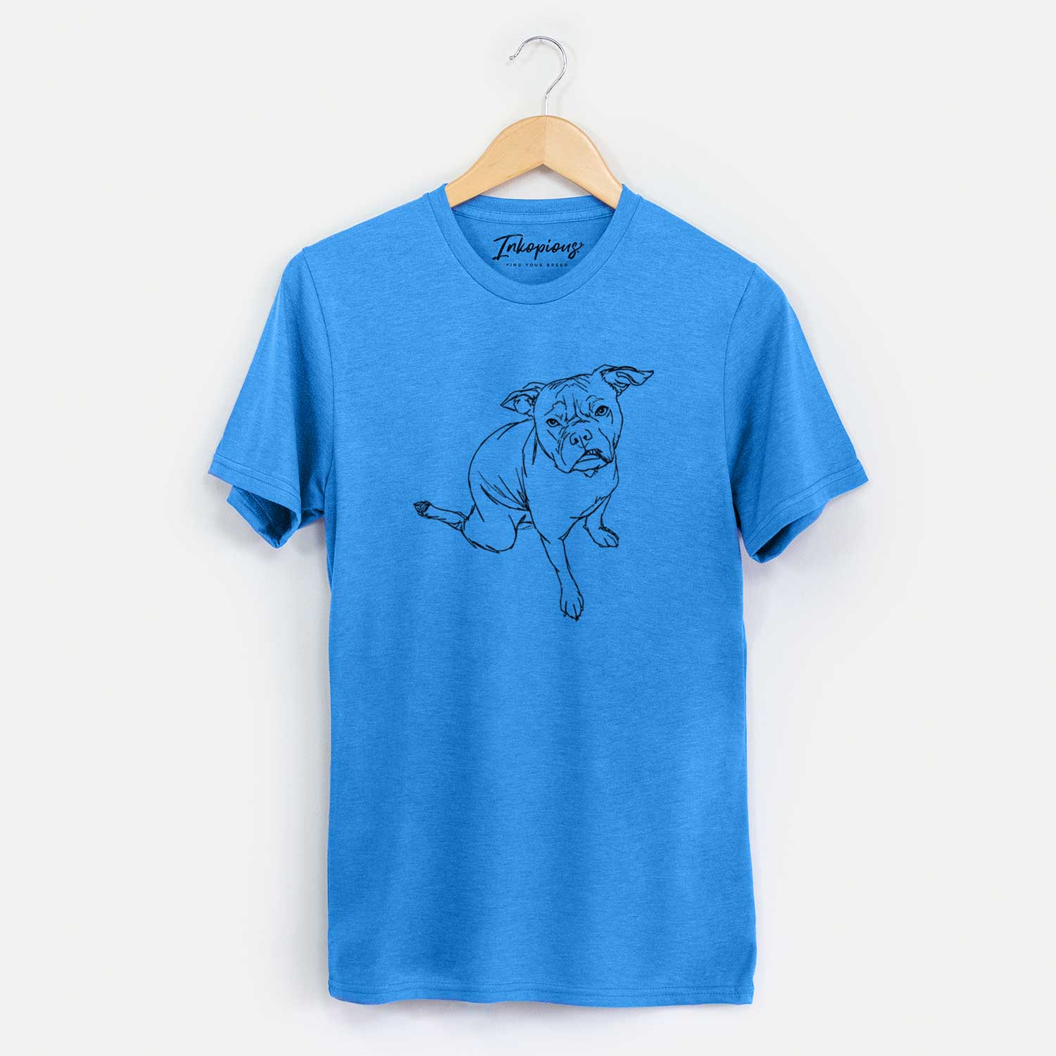 Full-body line drawing of Gus the French Bulldog Staffy Mix on a Blue Unisex crewneck