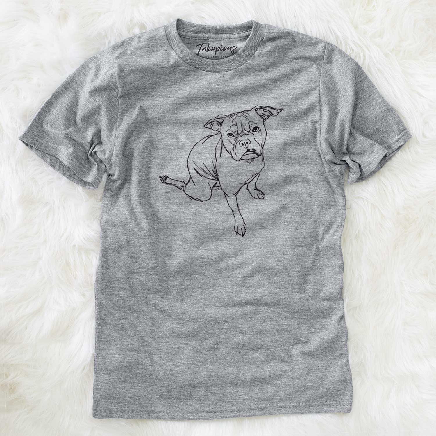 Full-body line drawing of Gus the French Bulldog Staffy Mix on a Grey Unisex crewneck